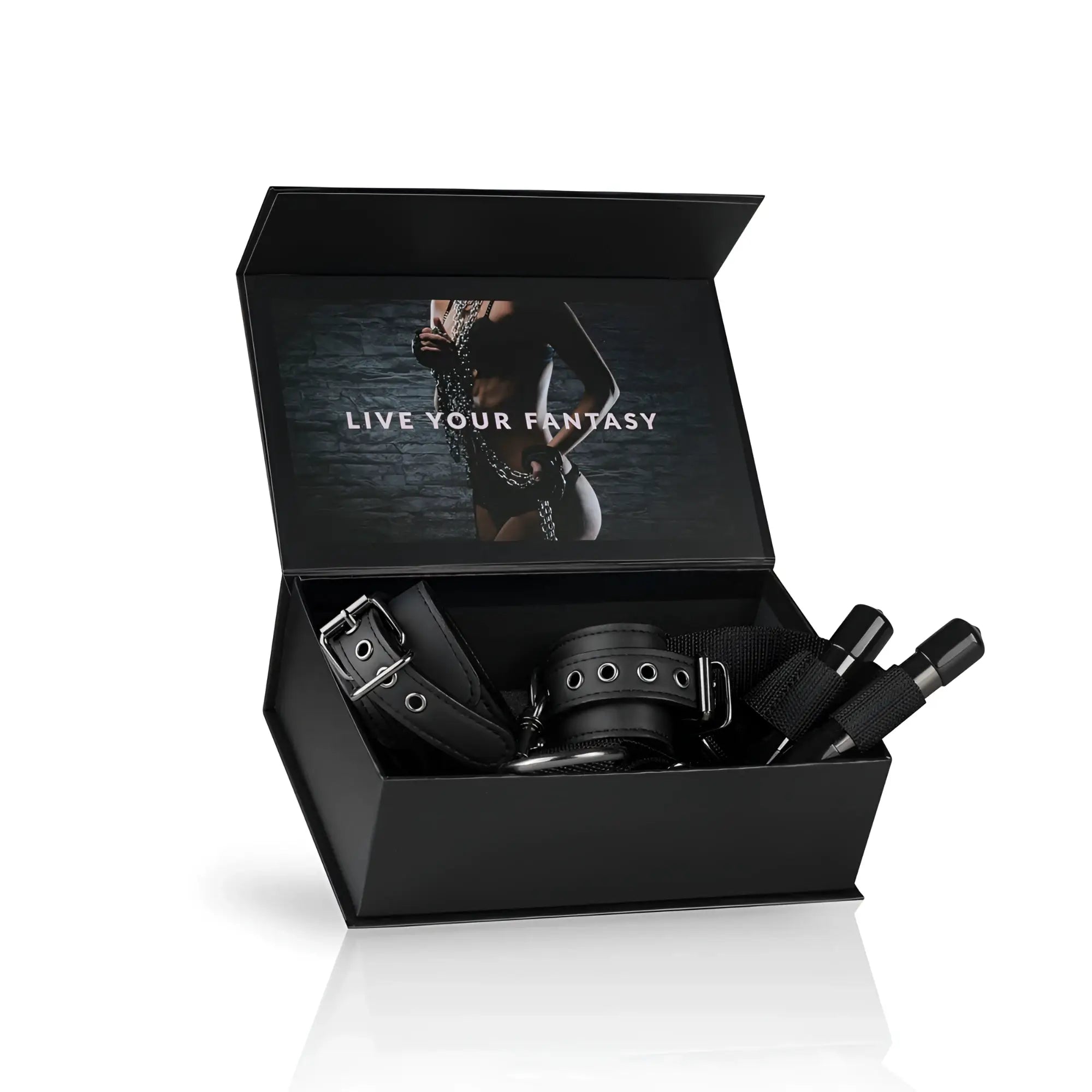 Black leather bondage kit with over the door wrist cuffs in a sleek black box from fetish collection