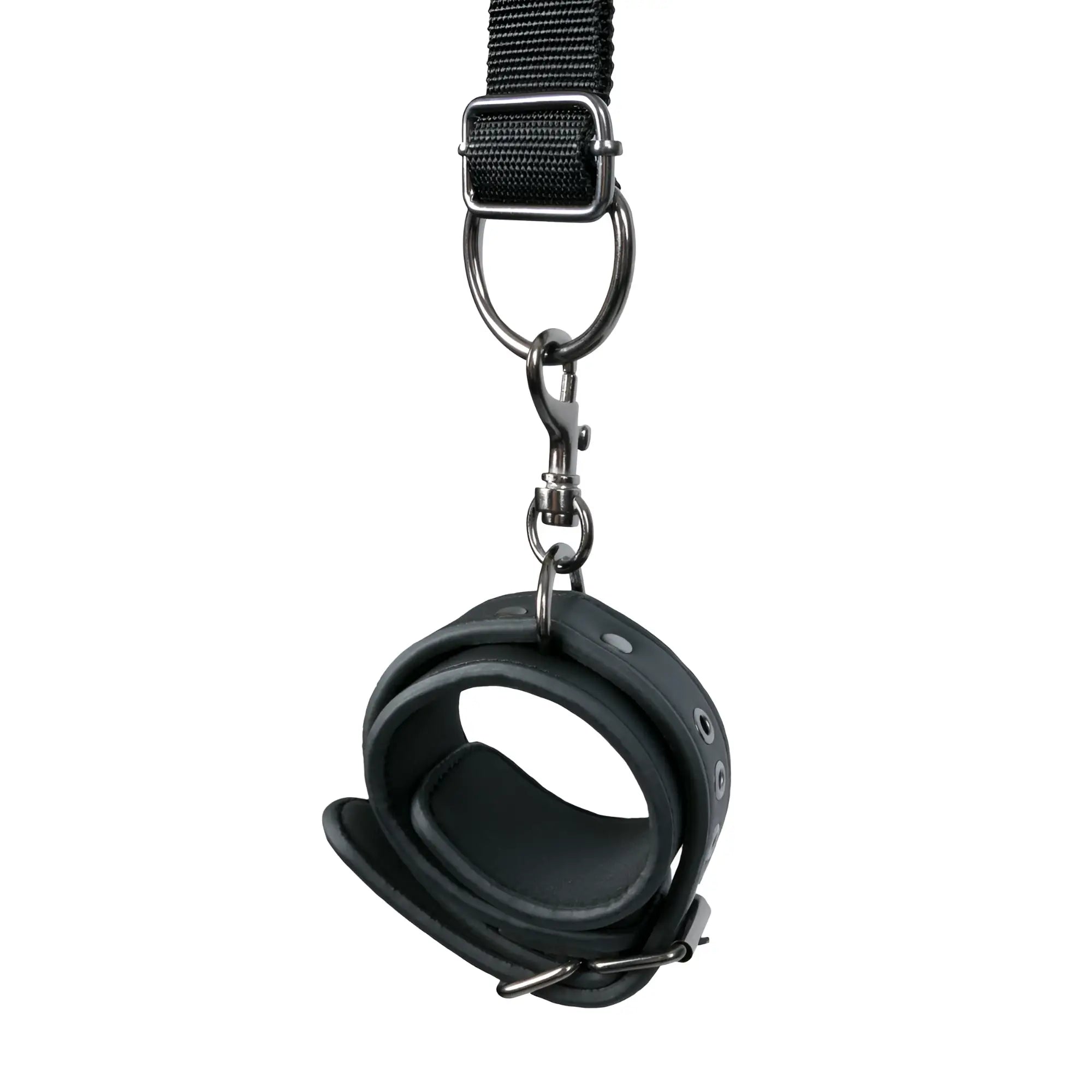 Black leather wrist cuff with metal hardware and adjustable strap from fetish collection over the door wrist cuffs