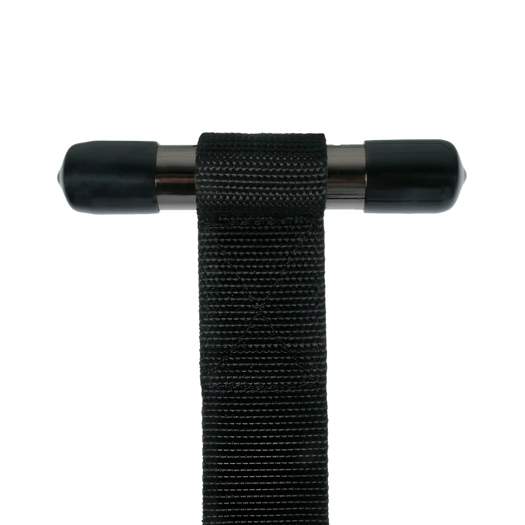 Black woven strap over the door wrist cuffs with metallic t-bar handle and rubberized end caps from fetish collection