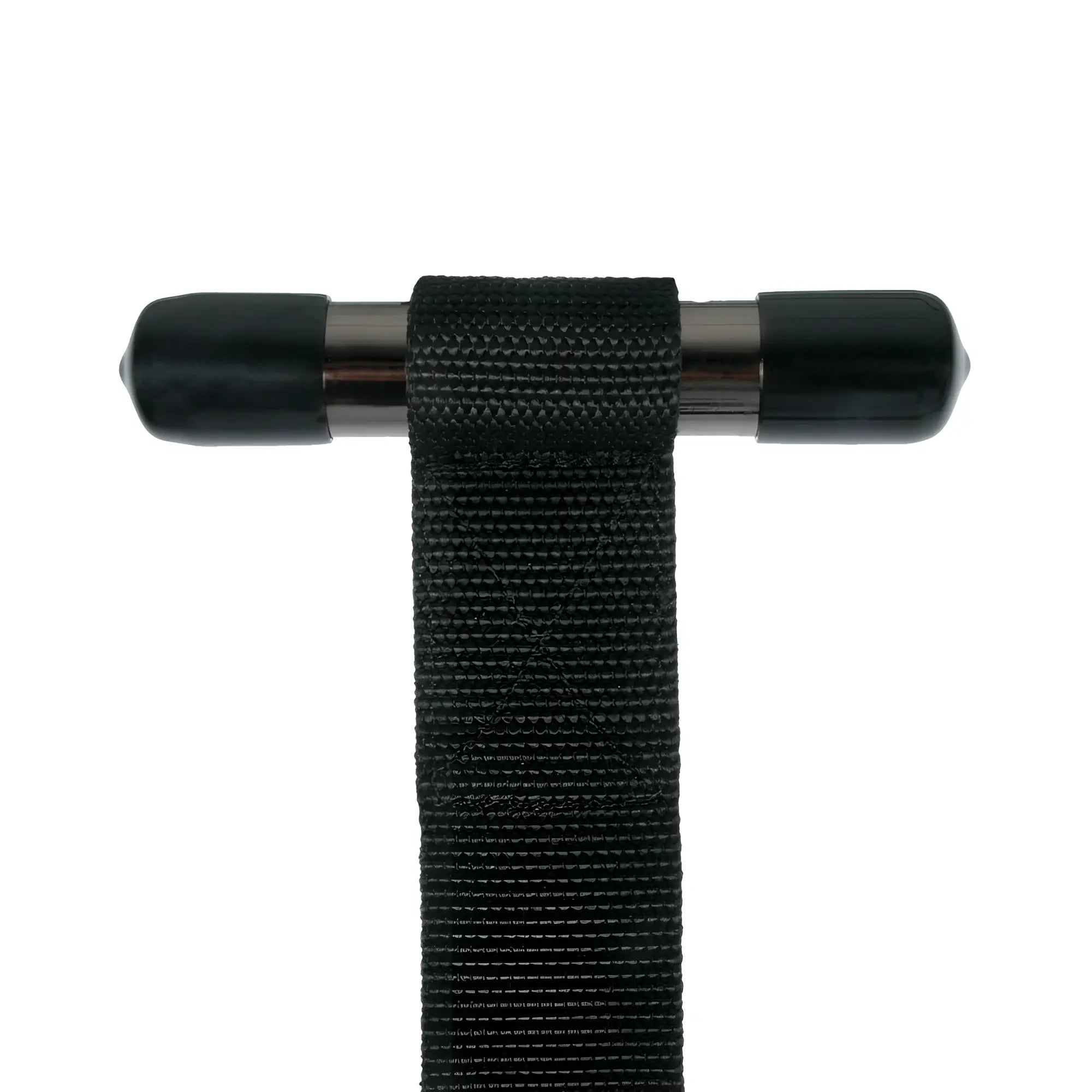 Black woven strap over the door wrist cuffs with metallic t-bar handle and rubberized end caps from fetish collection