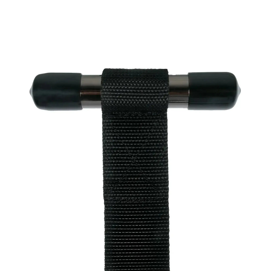 Black woven strap over the door wrist cuffs with metallic t-bar handle and rubberized end caps from fetish collection