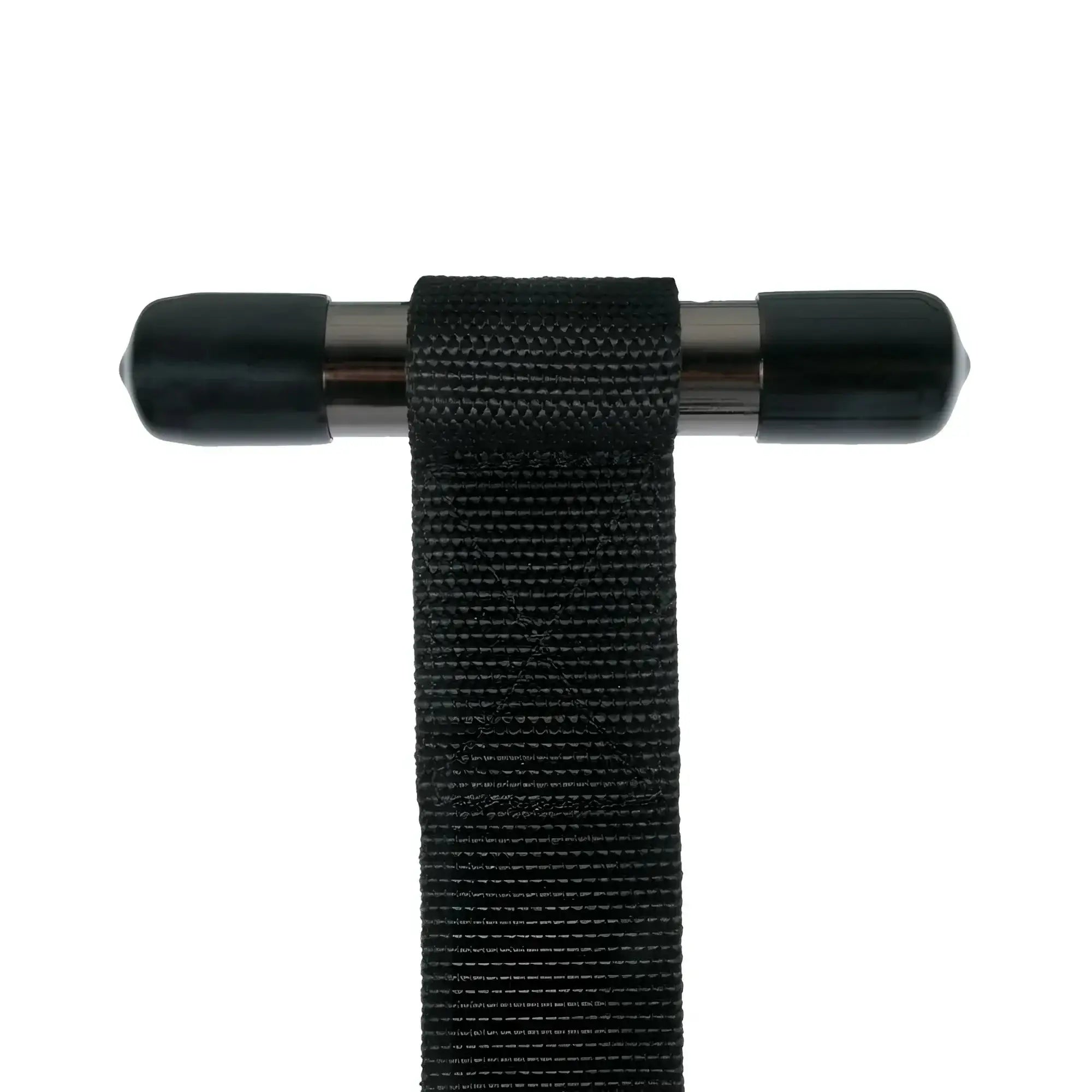 Black woven strap over the door wrist cuffs with metallic t-bar handle and rubberized end caps from fetish collection
