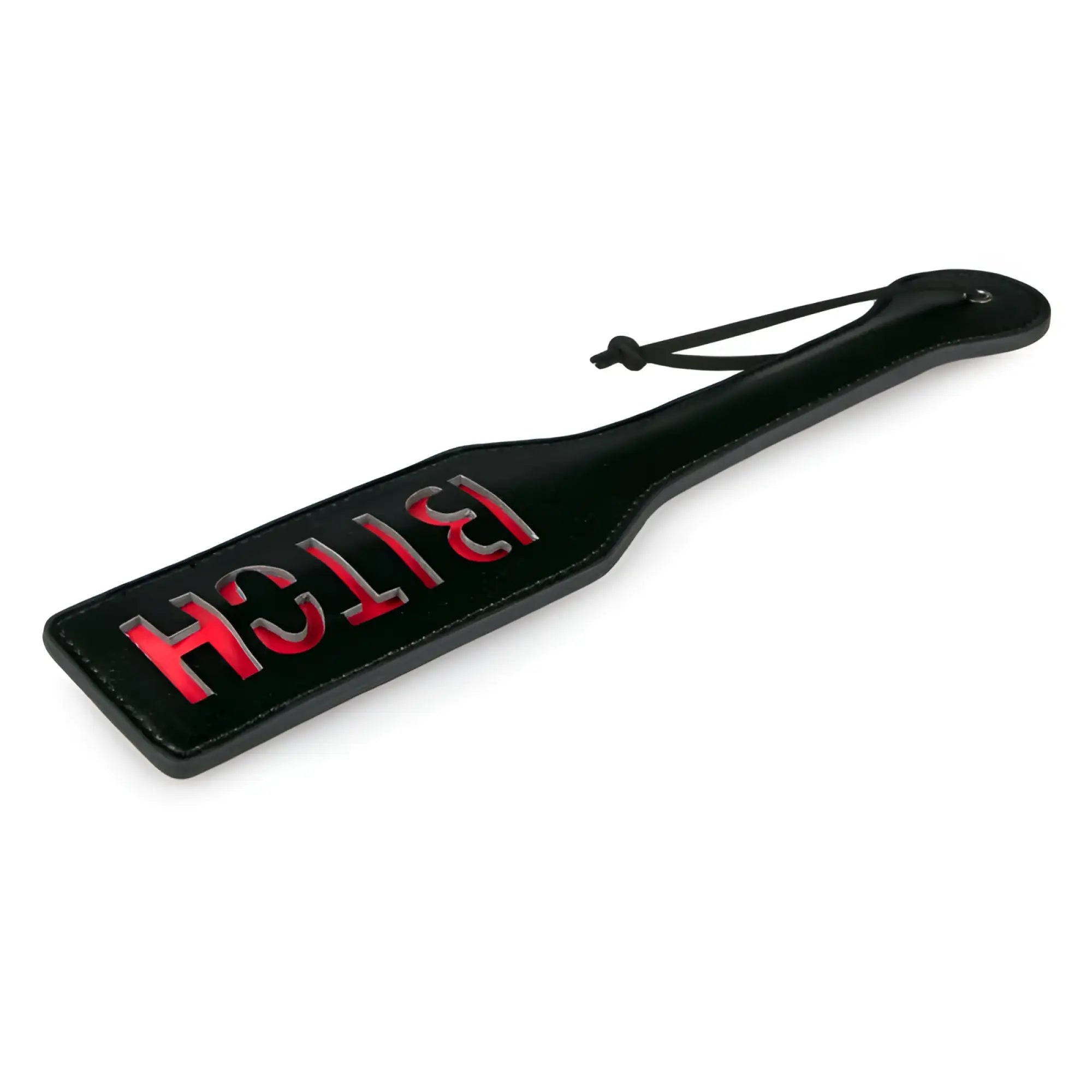 Black leather paddle from fetish collection with red embossed lettering bitch and black cord loop handle