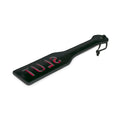Black leather paddle with slut in pink and silver lettering from the fetish collection paddle slut black product