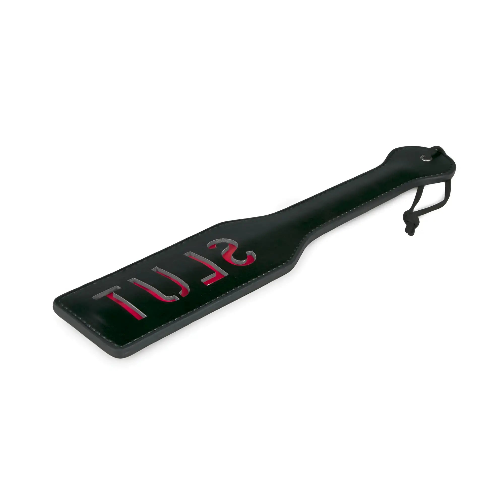 Black leather paddle with slut in pink and silver lettering from the fetish collection paddle slut black product