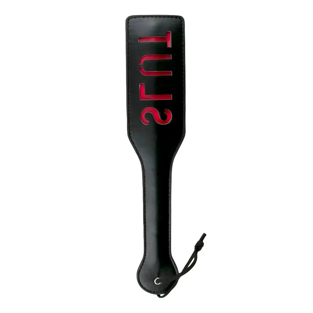 Black leather fetish collection paddle with red embossed tuls lettering and black cord loop at handle end
