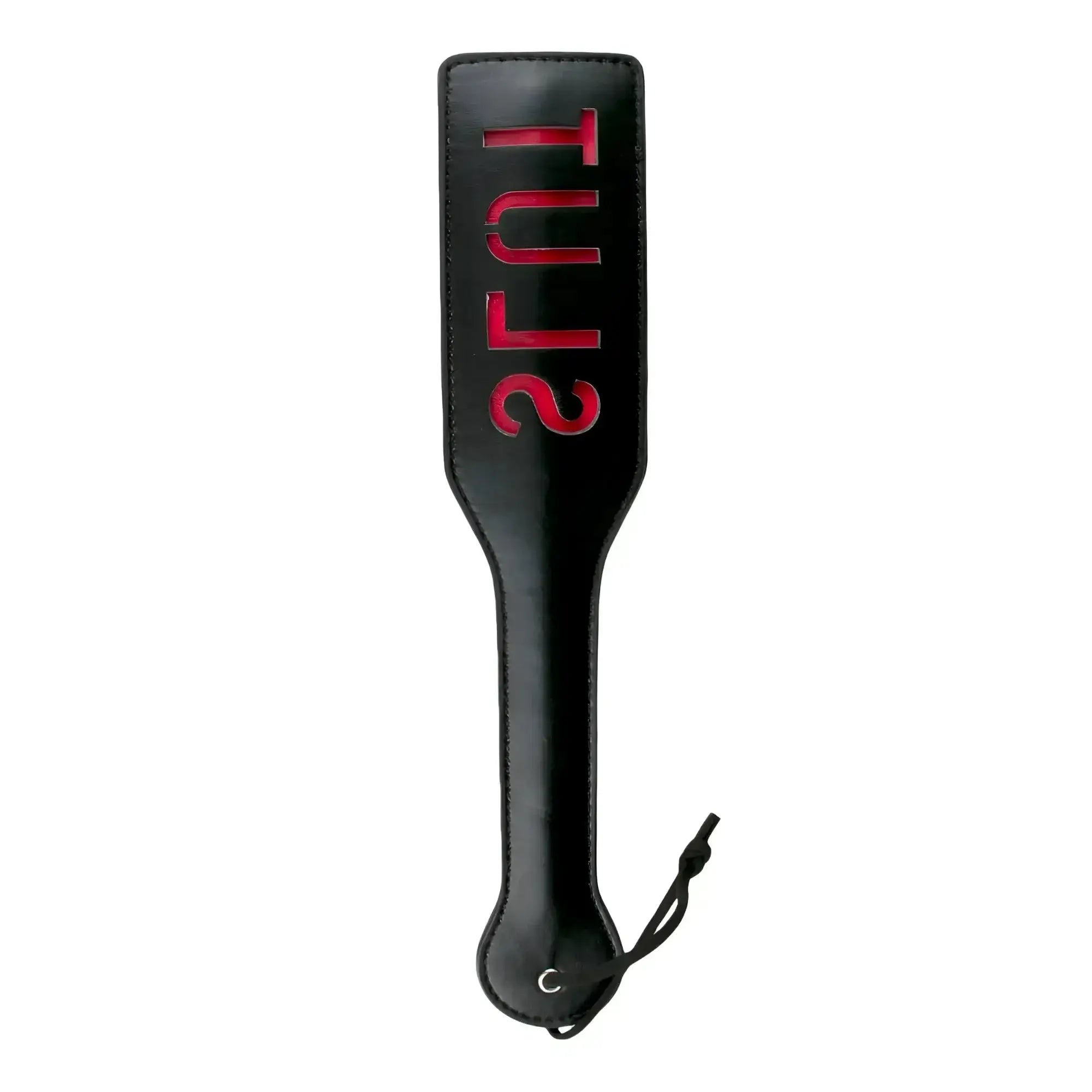 Black leather fetish collection paddle with red embossed tuls lettering and black cord loop at handle end