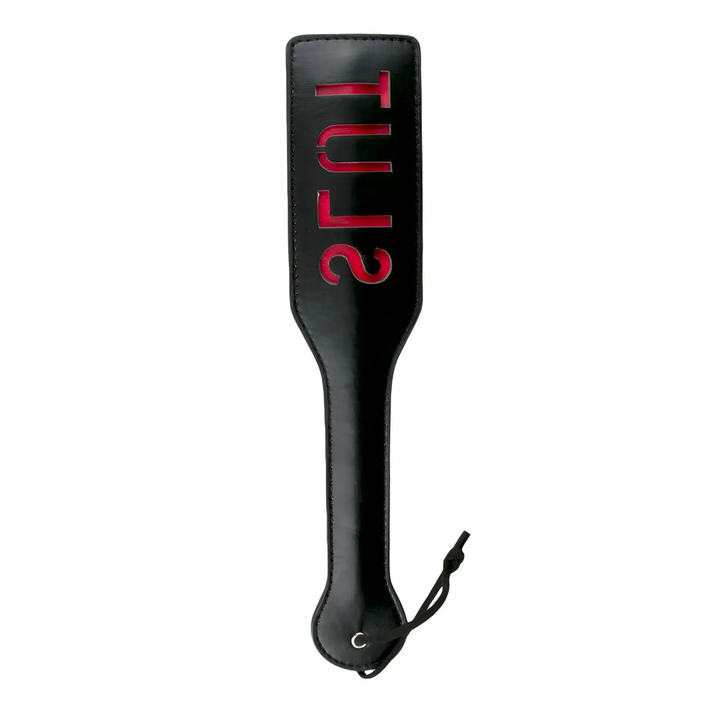 Black leather fetish collection paddle with red embossed tuls lettering and black cord loop at handle end