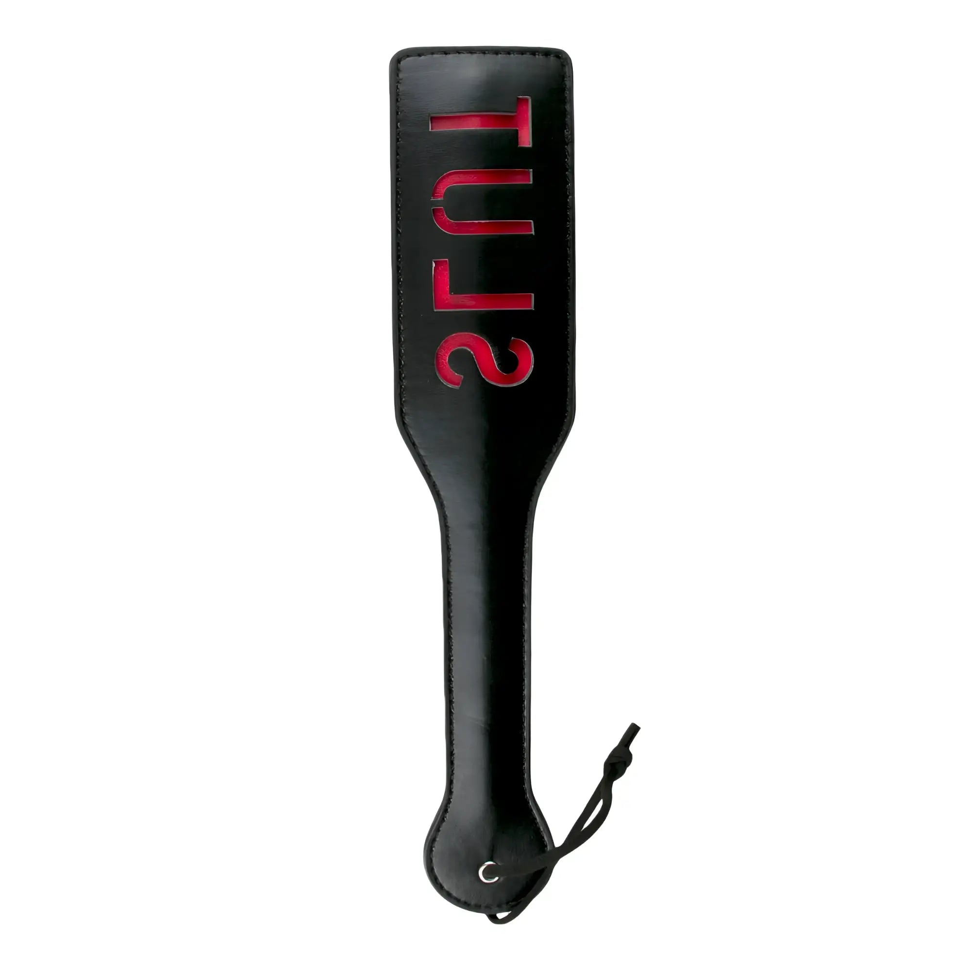 Black leather fetish collection paddle with red embossed tuls lettering and black cord loop at handle end
