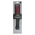 Black leather fetish collection paddle with red xoxo lettering on the handle for spanking
