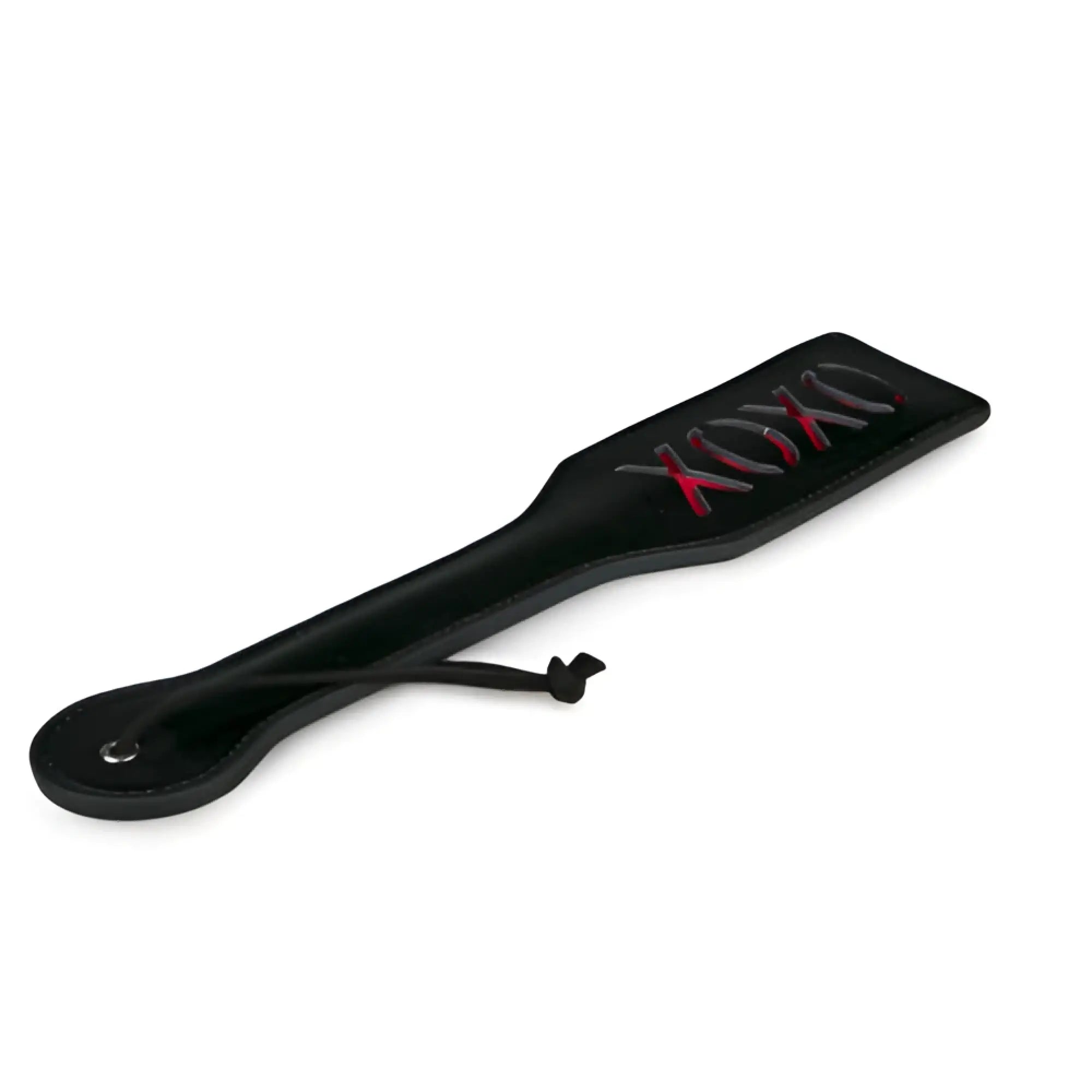 Black leather paddle from fetish collection with red xoxo lettering for intimate play and sensation control