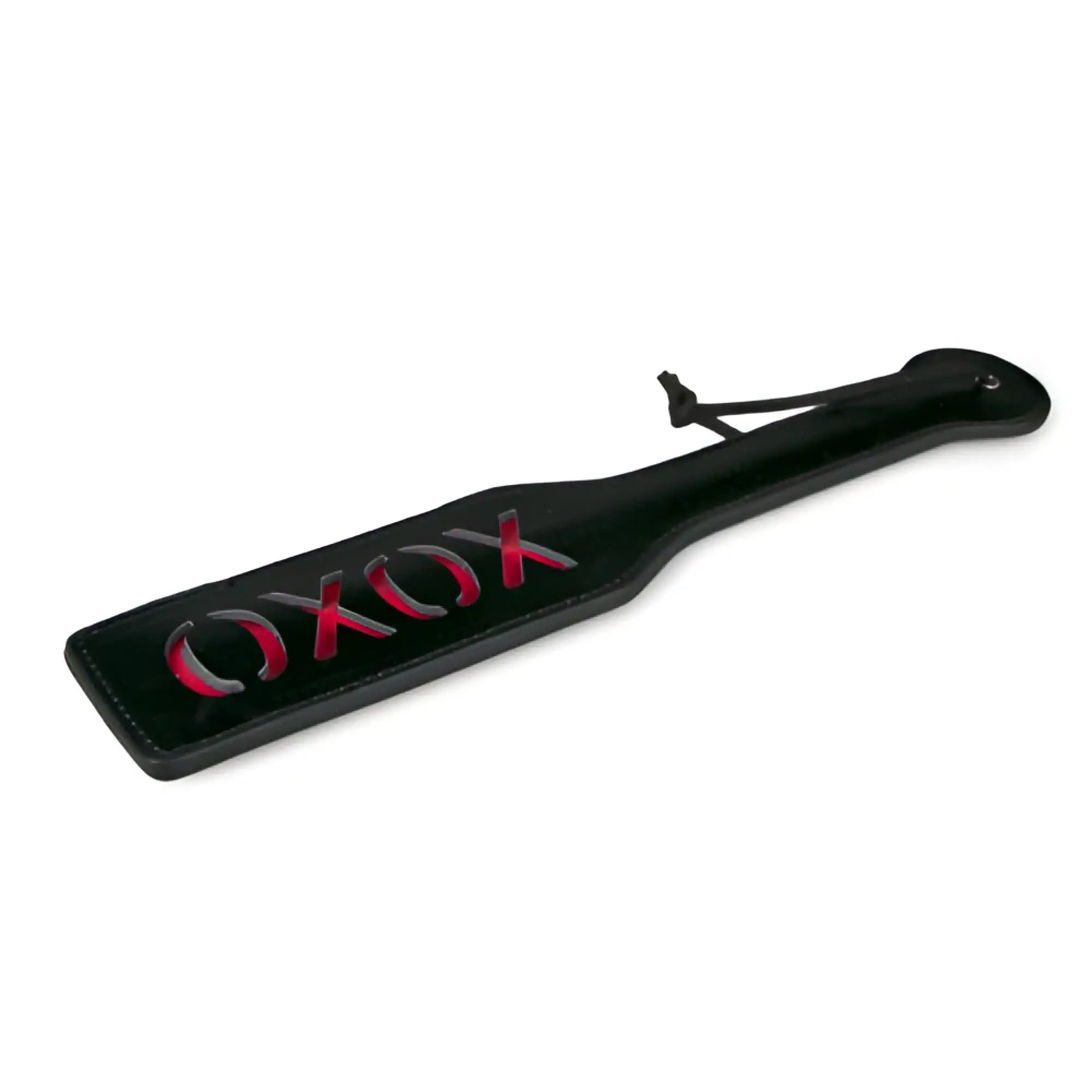 Fetish collection black paddle with red xoxo lettering and leather-like finish for BDSM play
