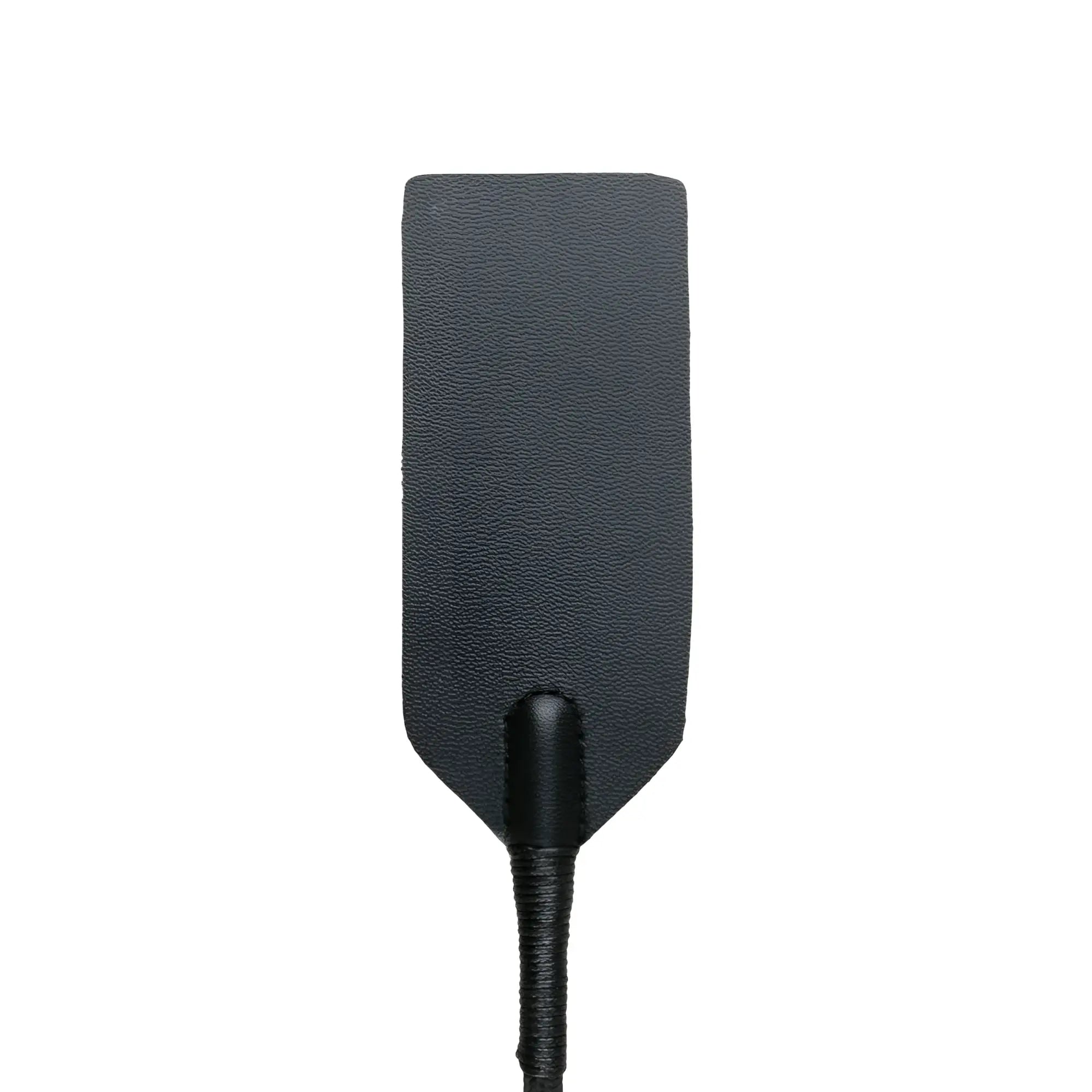 Black leather rectangle crop whip with textured surface and braided handle from the fetish collection