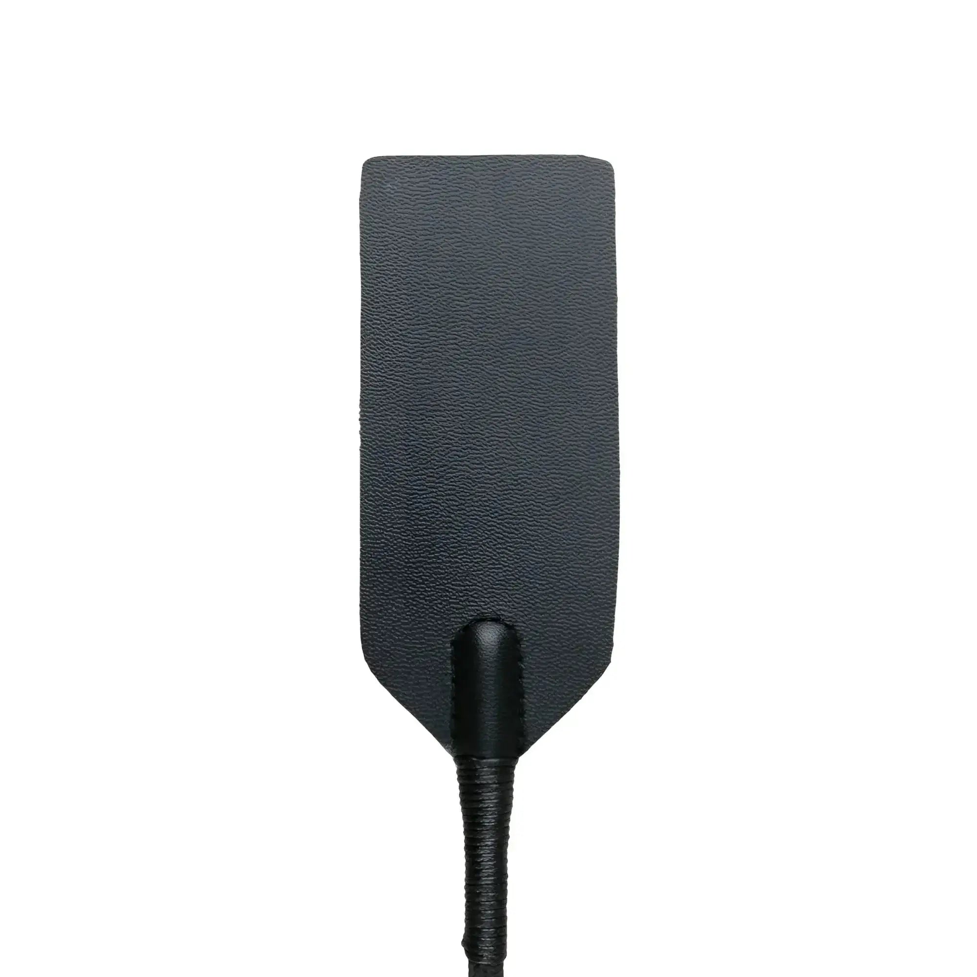 Black leather rectangle crop whip with textured surface and braided handle from the fetish collection