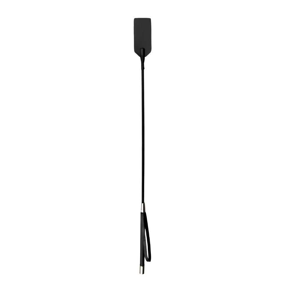 Black leather riding crop with rectangular handle and silver metal accents from the fetish collection rectangle crop whip black