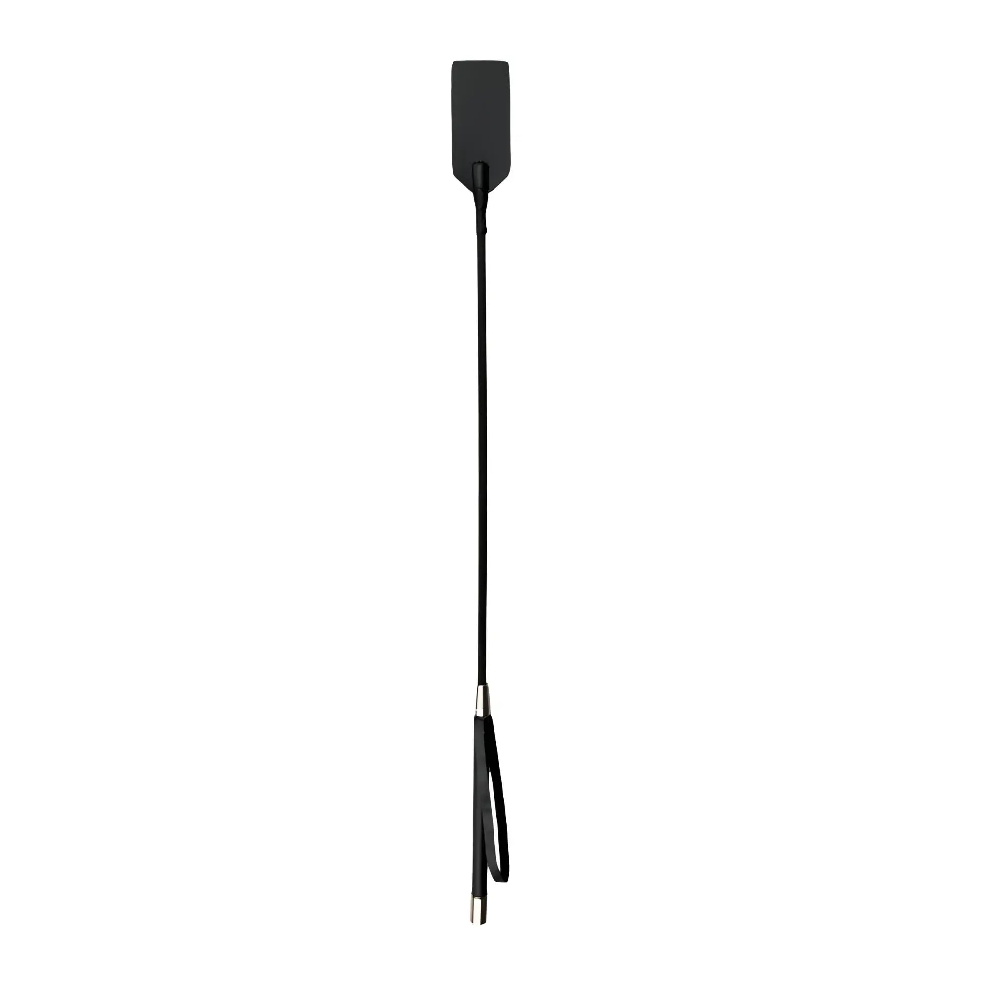 Black leather riding crop with rectangular handle and silver metal accents from the fetish collection rectangle crop whip black
