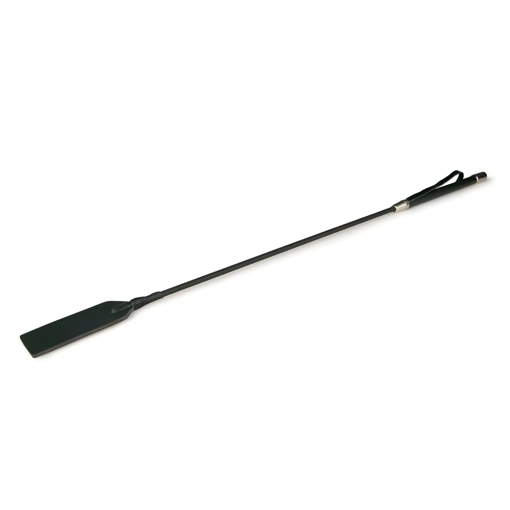 Black leather riding crop from the fetish collection with a sleek handle and flat rectangular head in black color