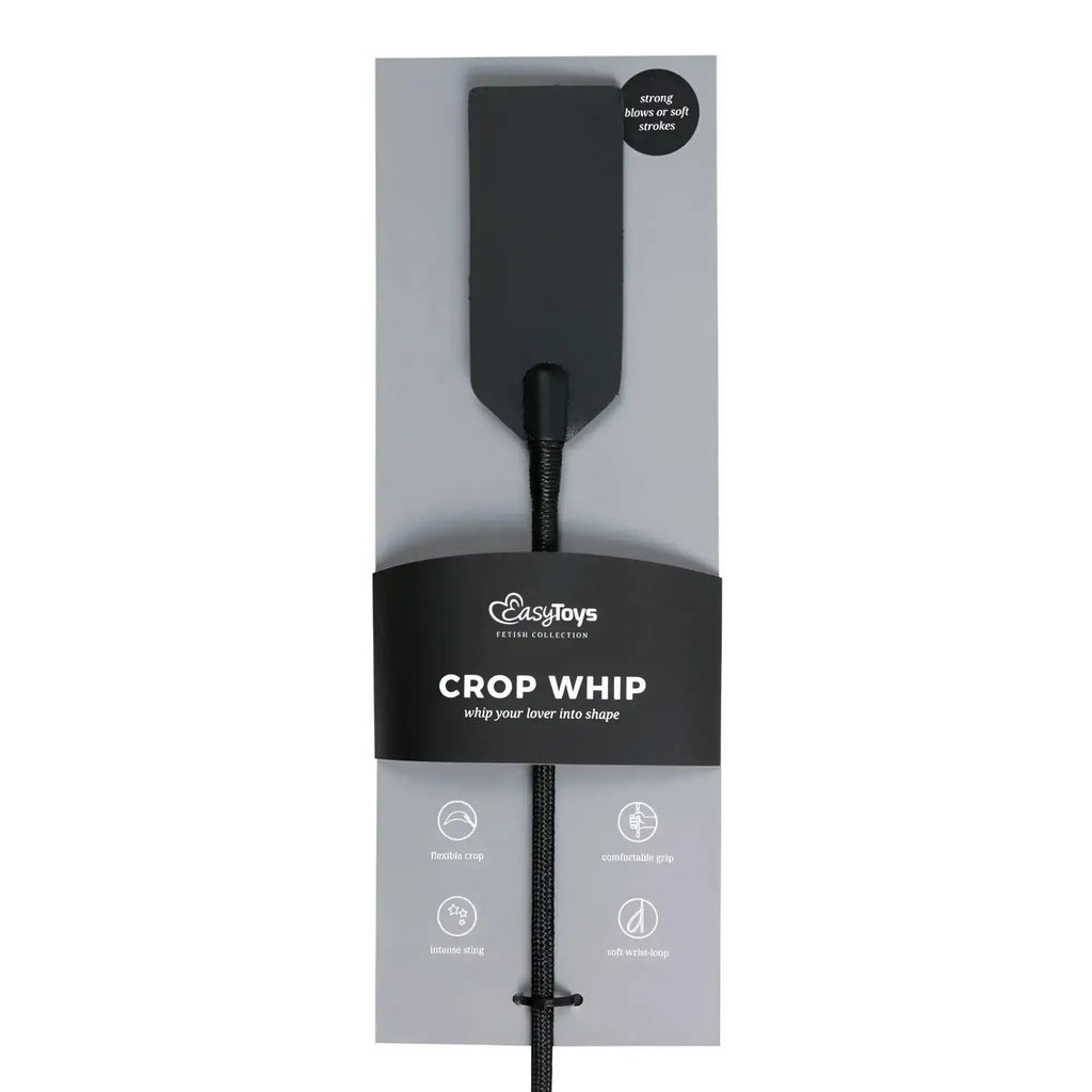 Black crop whip from fetish collection with sleek matte finish and soft braided cord for stylish impact play