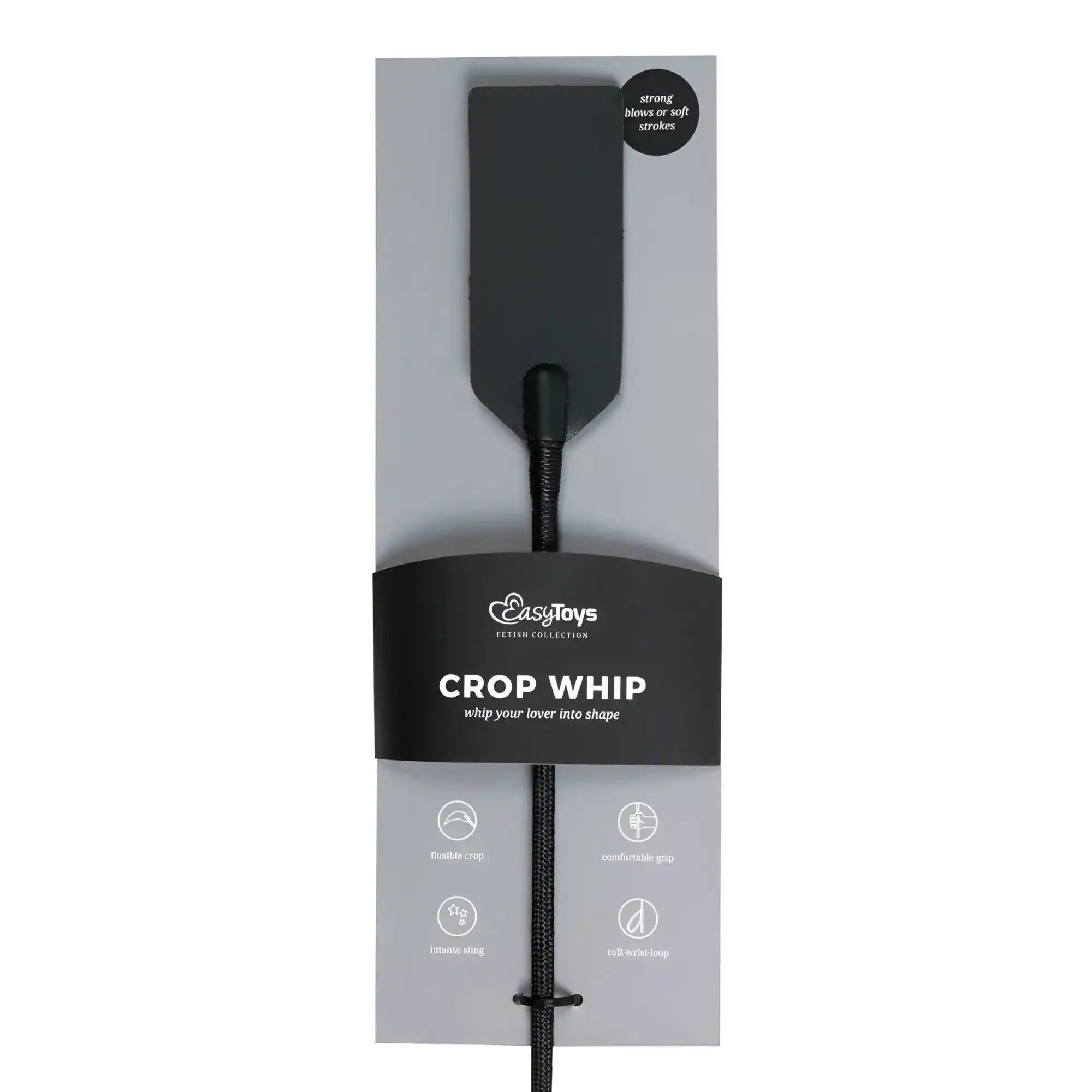 Black crop whip from fetish collection with sleek matte finish and soft braided cord for stylish impact play