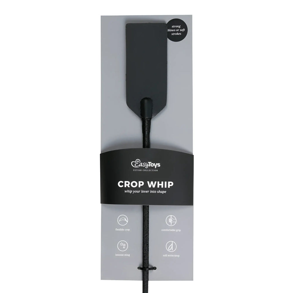 Black crop whip from fetish collection with sleek matte finish and soft braided cord for stylish impact play