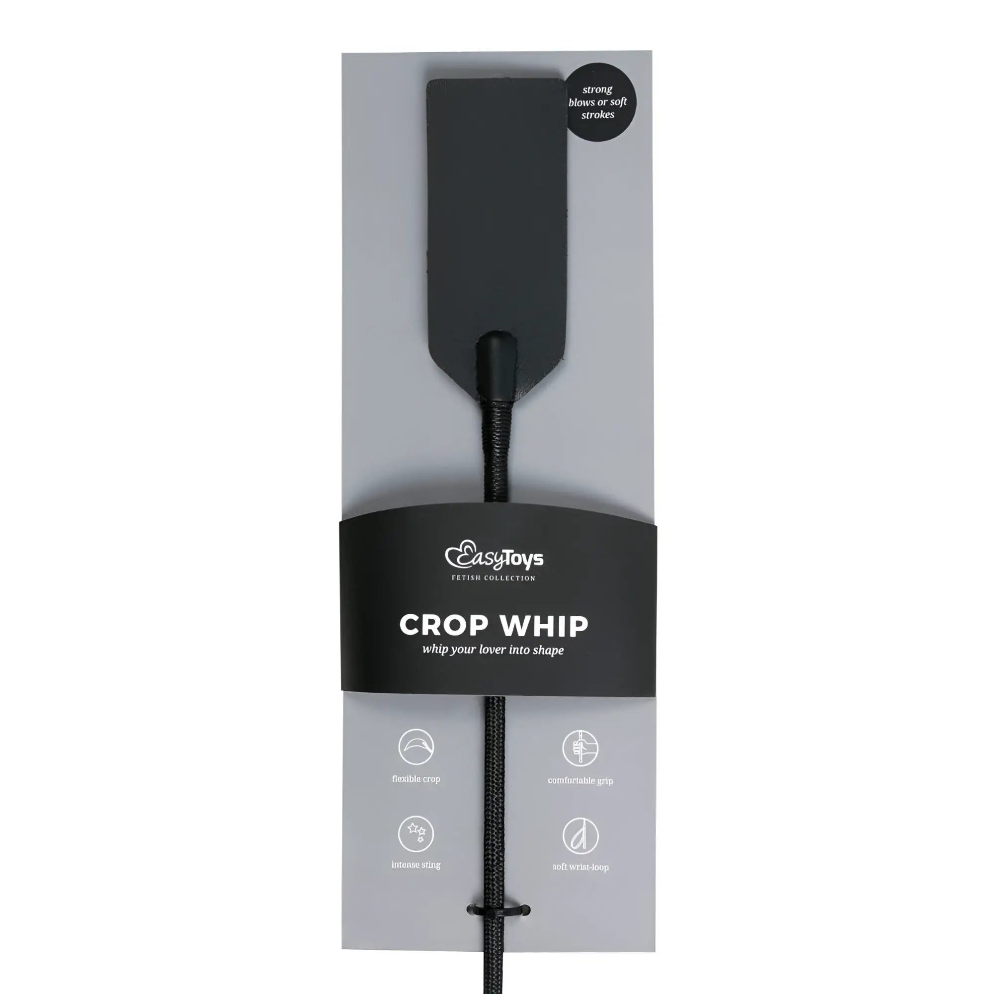 Black crop whip from fetish collection with sleek matte finish and soft braided cord for stylish impact play