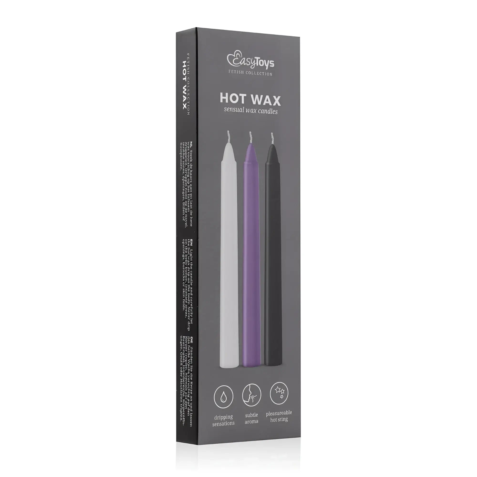 A sleek black box containing three slender sensual hot wax candles in white purple and black from fetish collection