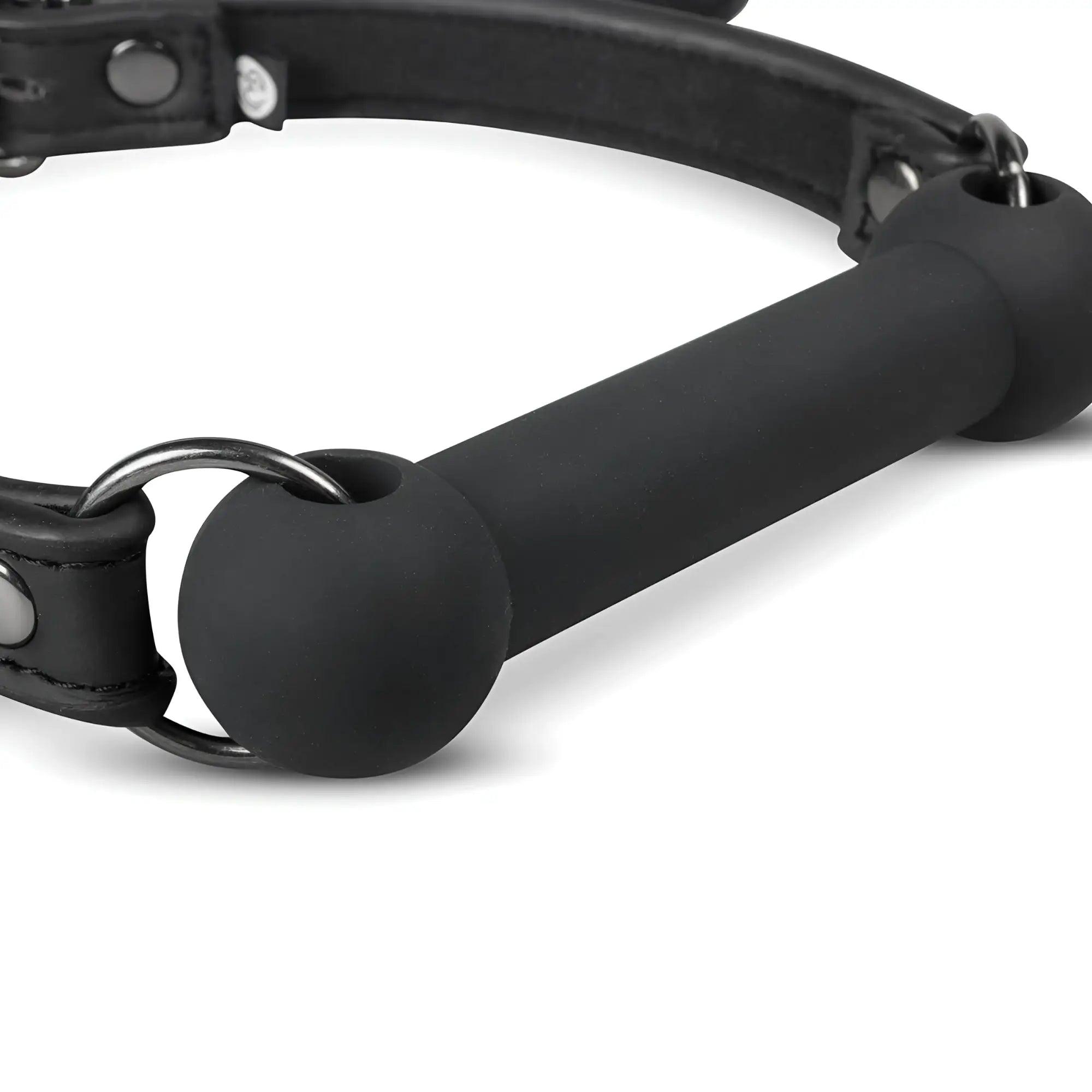 Black silicone mouth gag with padded rounded handle and leather strap attachments from fetish collection silicone bit gag