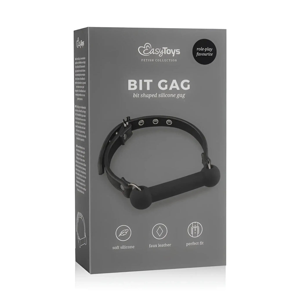 Black bit-shaped silicone gag with faux leather straps and metal hardware from fetish collection silicone bit gag