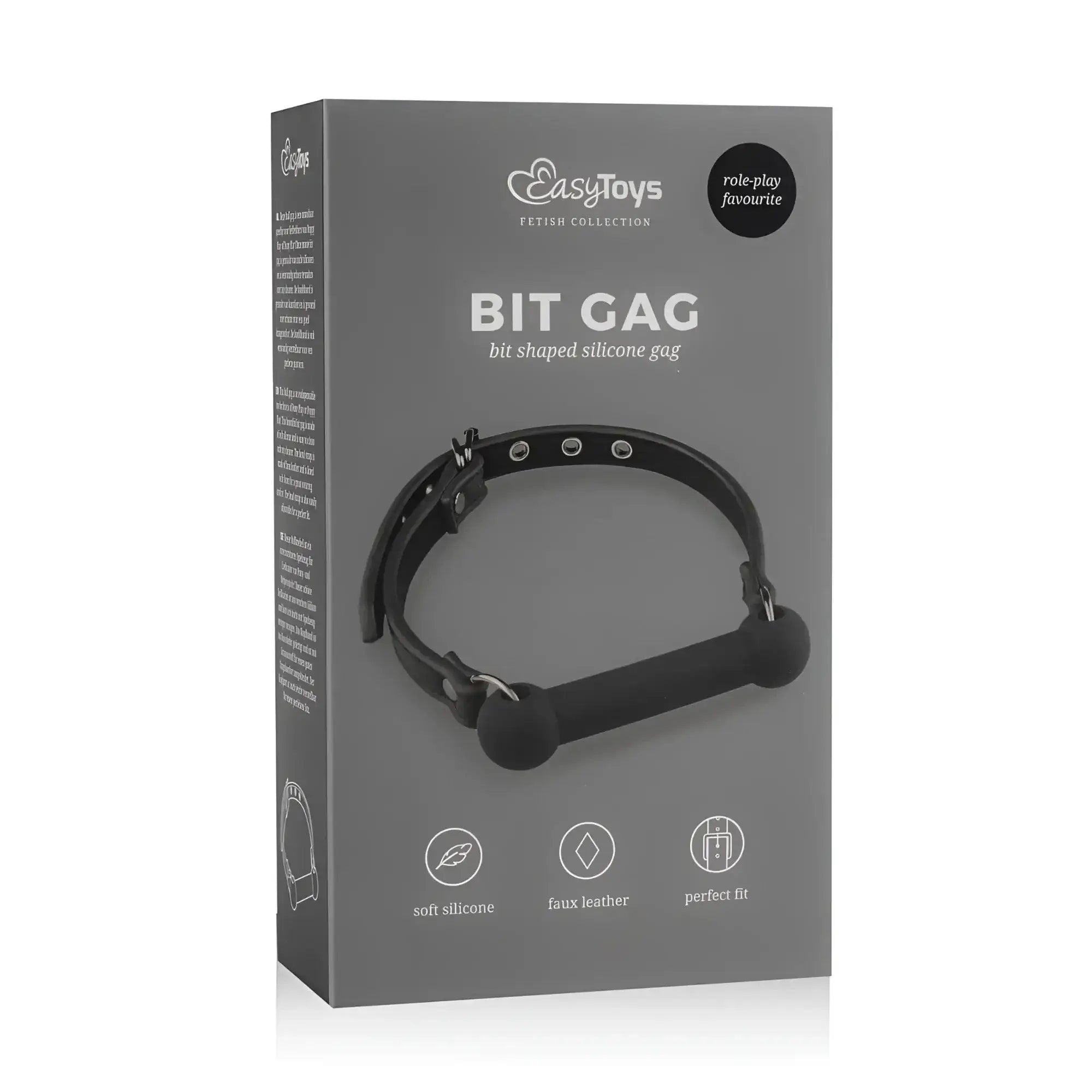 Black bit-shaped silicone gag with faux leather straps and metal hardware from fetish collection silicone bit gag