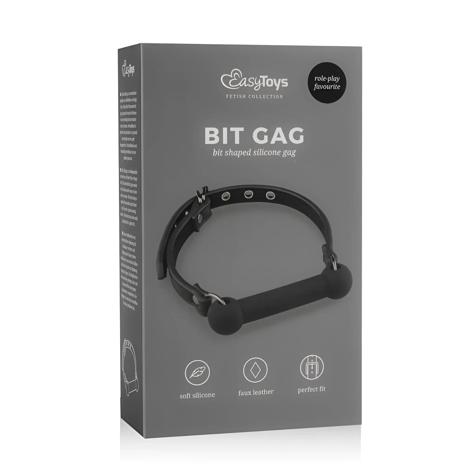 Black bit-shaped silicone gag with faux leather straps and metal hardware from fetish collection silicone bit gag