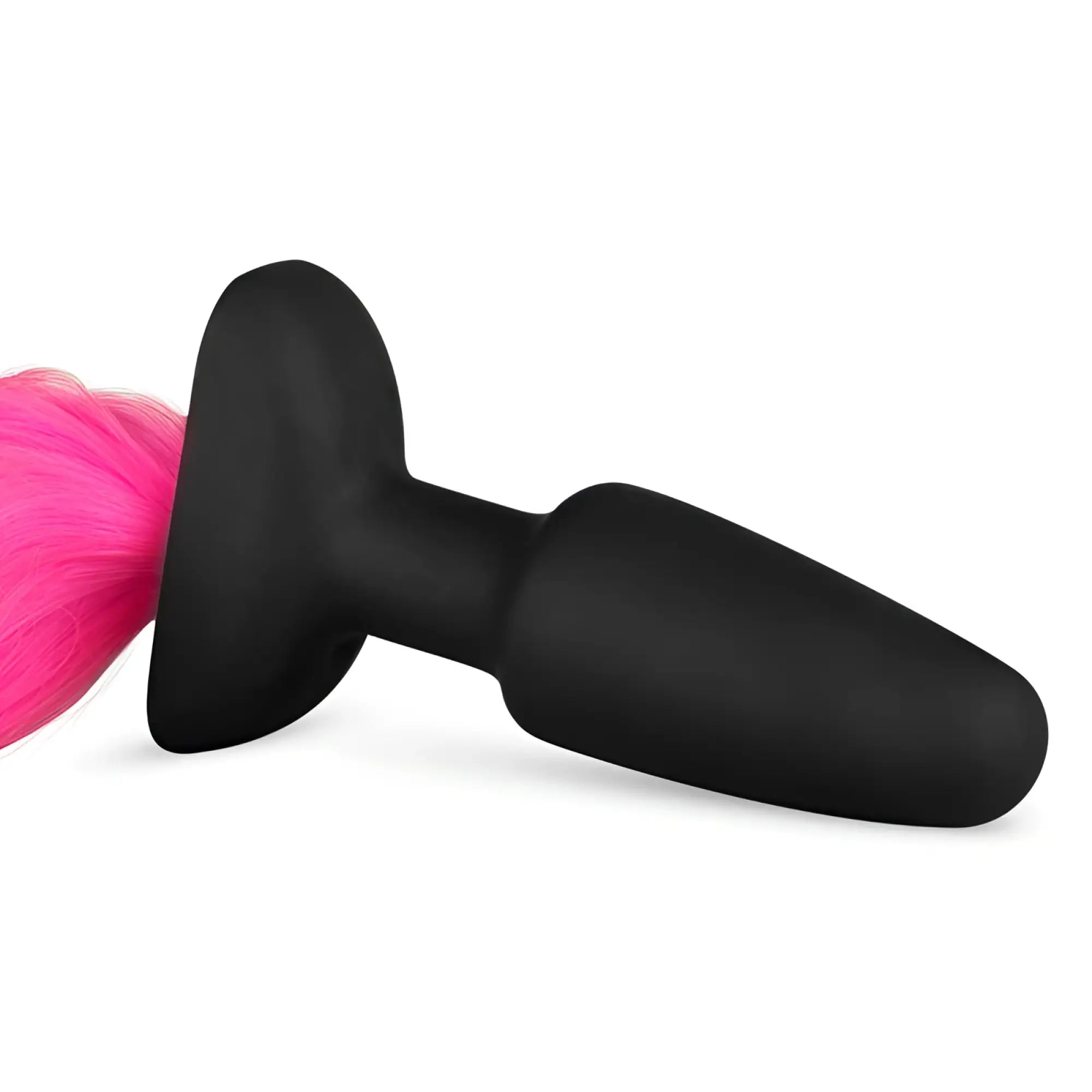 Black silicone anal plug with vibrant pink fluffy tail from fetish collection for playful tail play