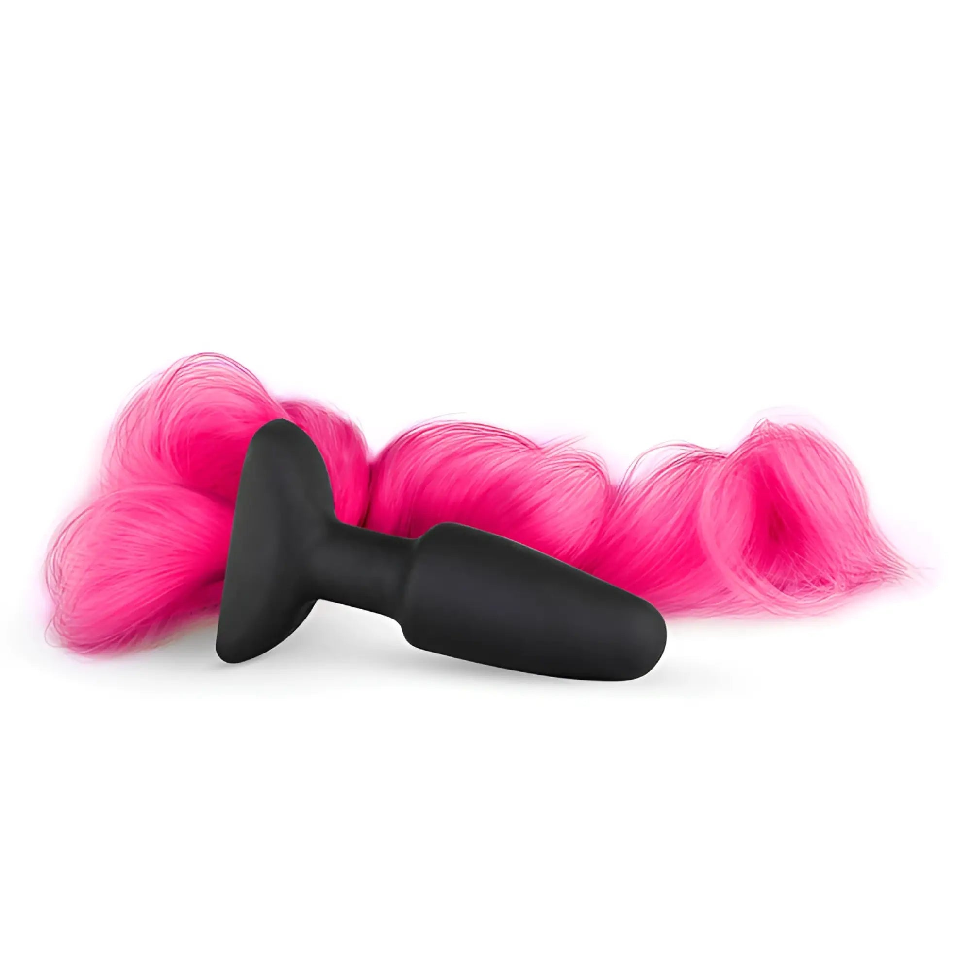Black silicone butt plug with vibrant pink curly faux hair tail from fetish collection shown from the back side