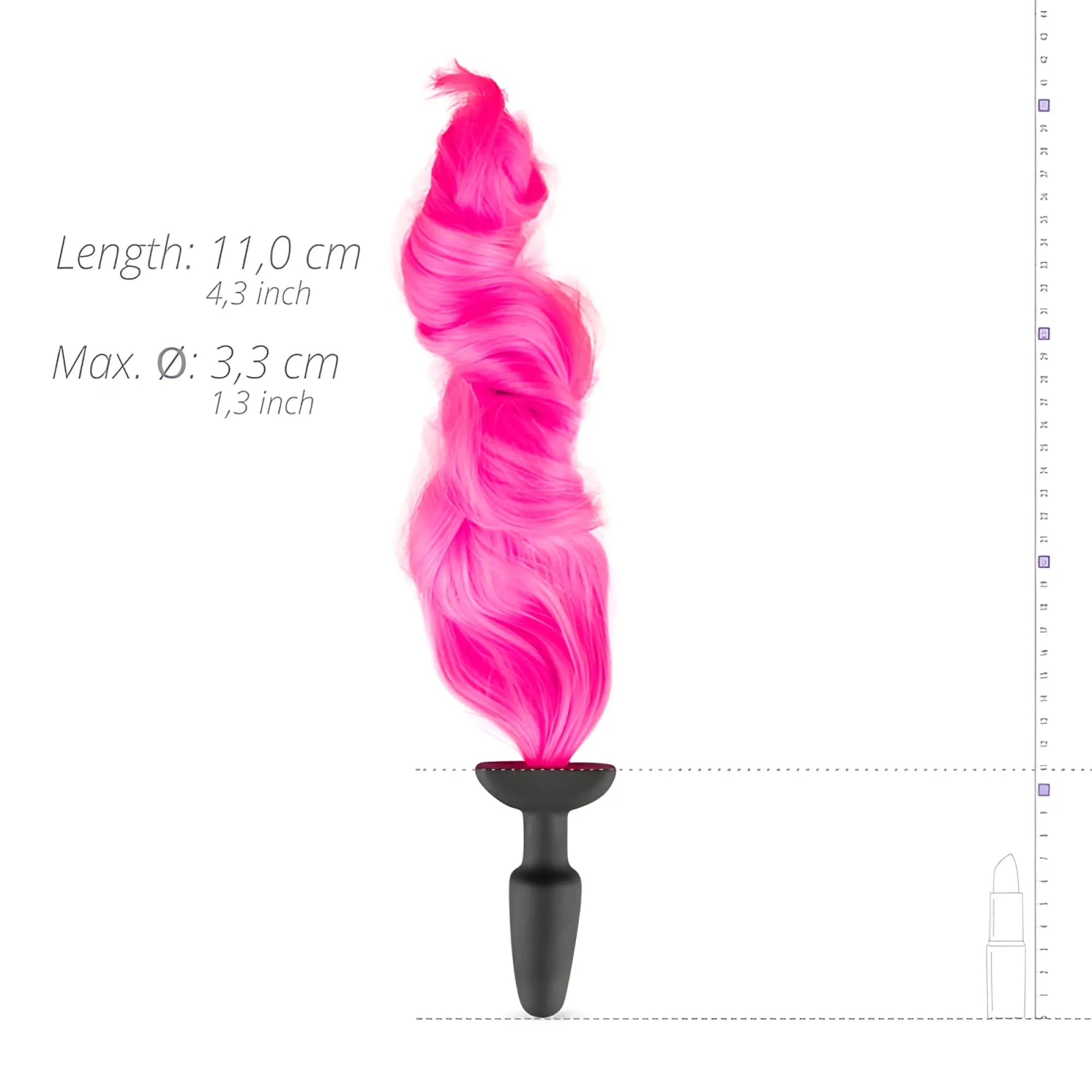 A vibrant pink curly synthetic fiber wig attached to a sleek black plastic base for fetish collection silicone butt plug with tail pink