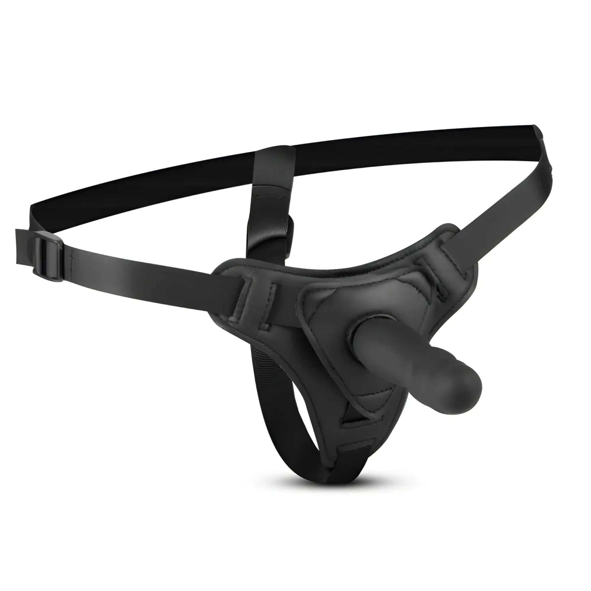 Black leather-like harness with a central realistic silicone dildo attachment from fetish collection strap-on
