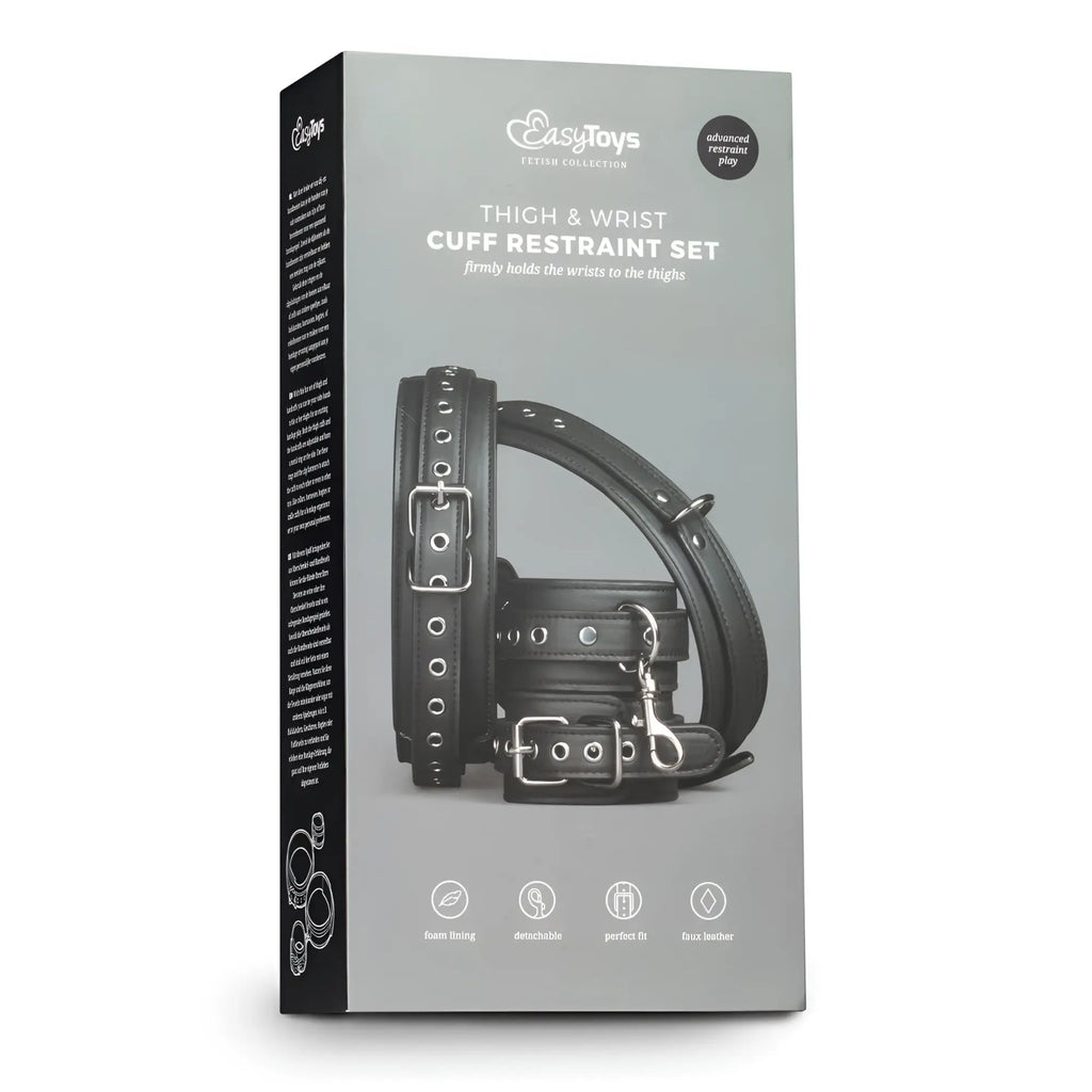 Fetish collection black leather thigh and wrist cuff restraint set with silver metal hardware for secure wear