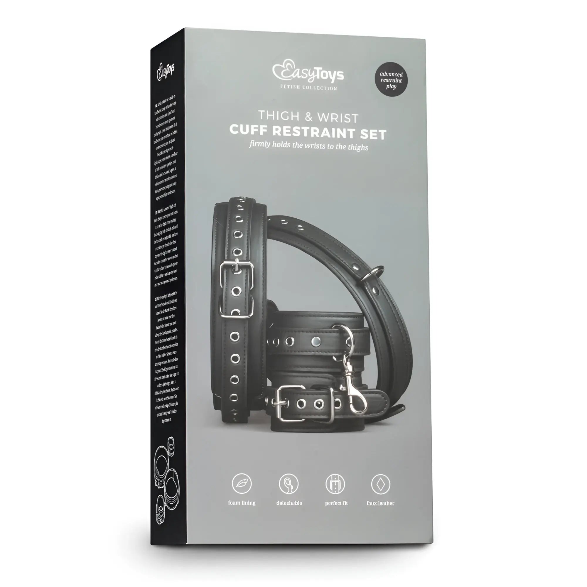 Fetish collection black leather thigh and wrist cuff restraint set with silver metal hardware for secure wear