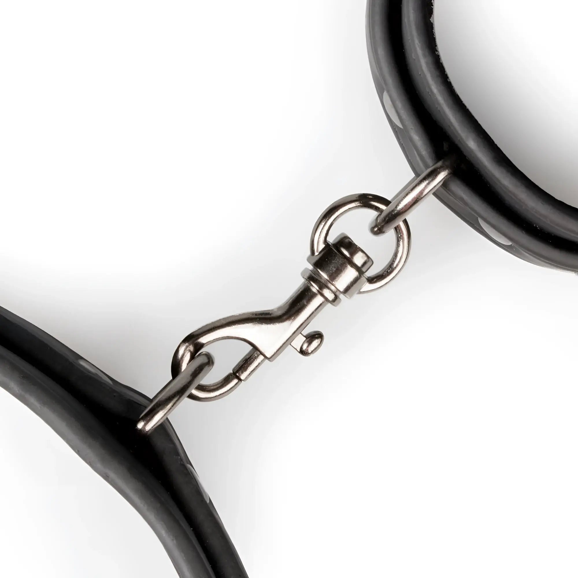 Black leather collar with silver metal clasp from fetish collection thigh and wrist cuff set for adjustable restraint