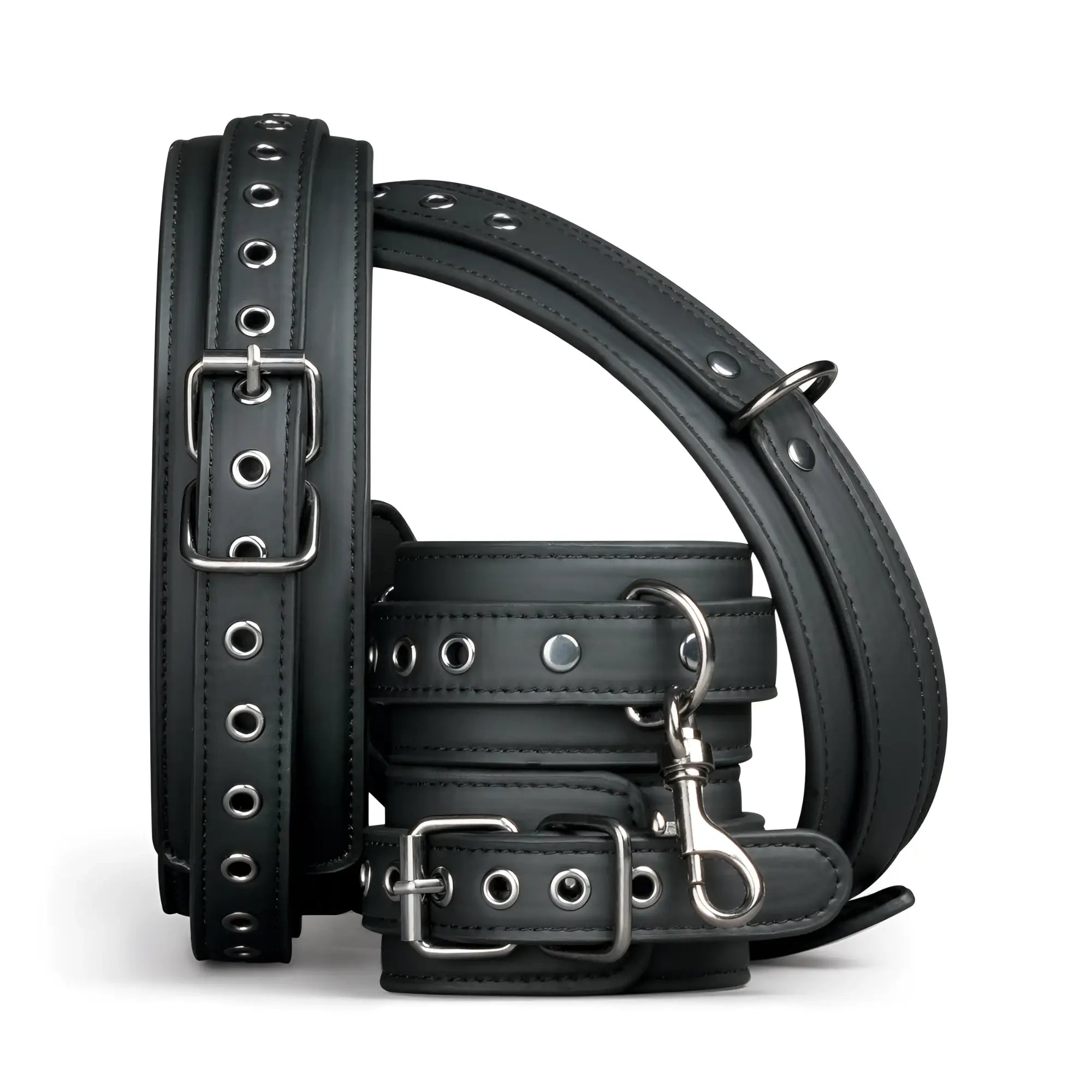 Black leather thigh and wrist cuff set with silver metal buckles and eyelets from fetish collection