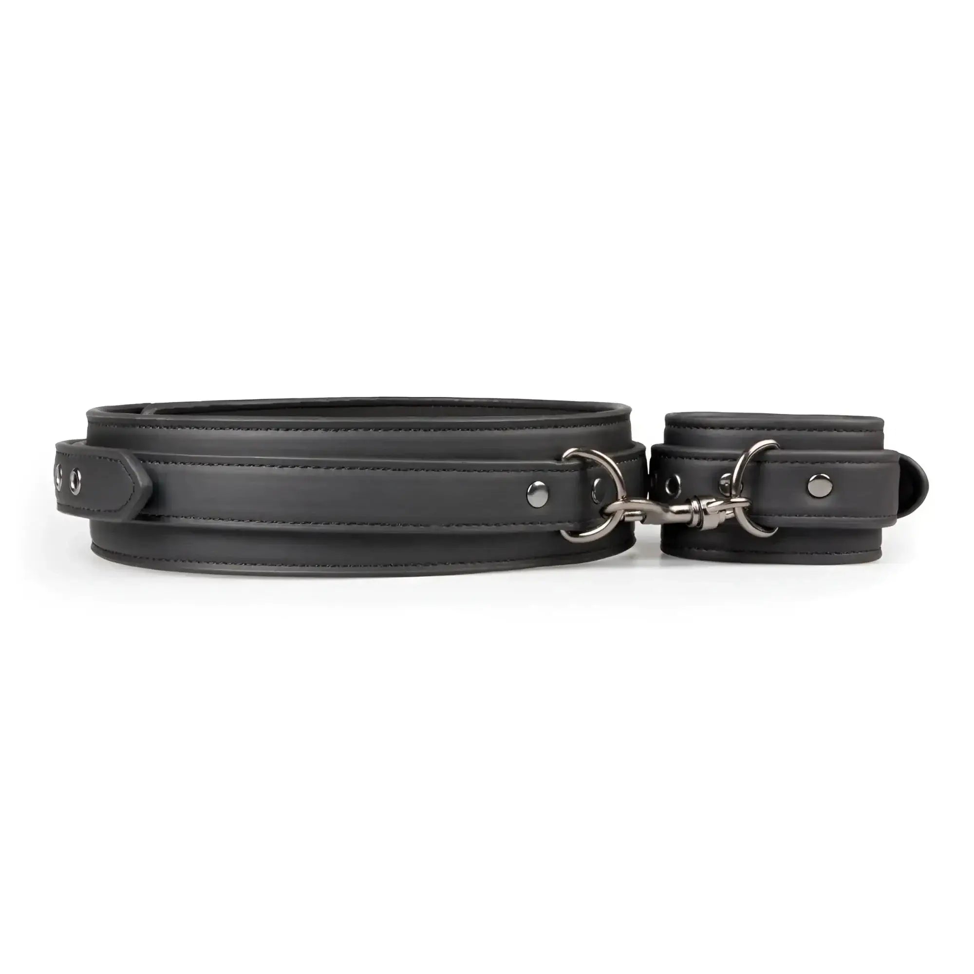 Fetish collection black leather thigh and wrist cuff set with silver toned metal hardware for restraint play