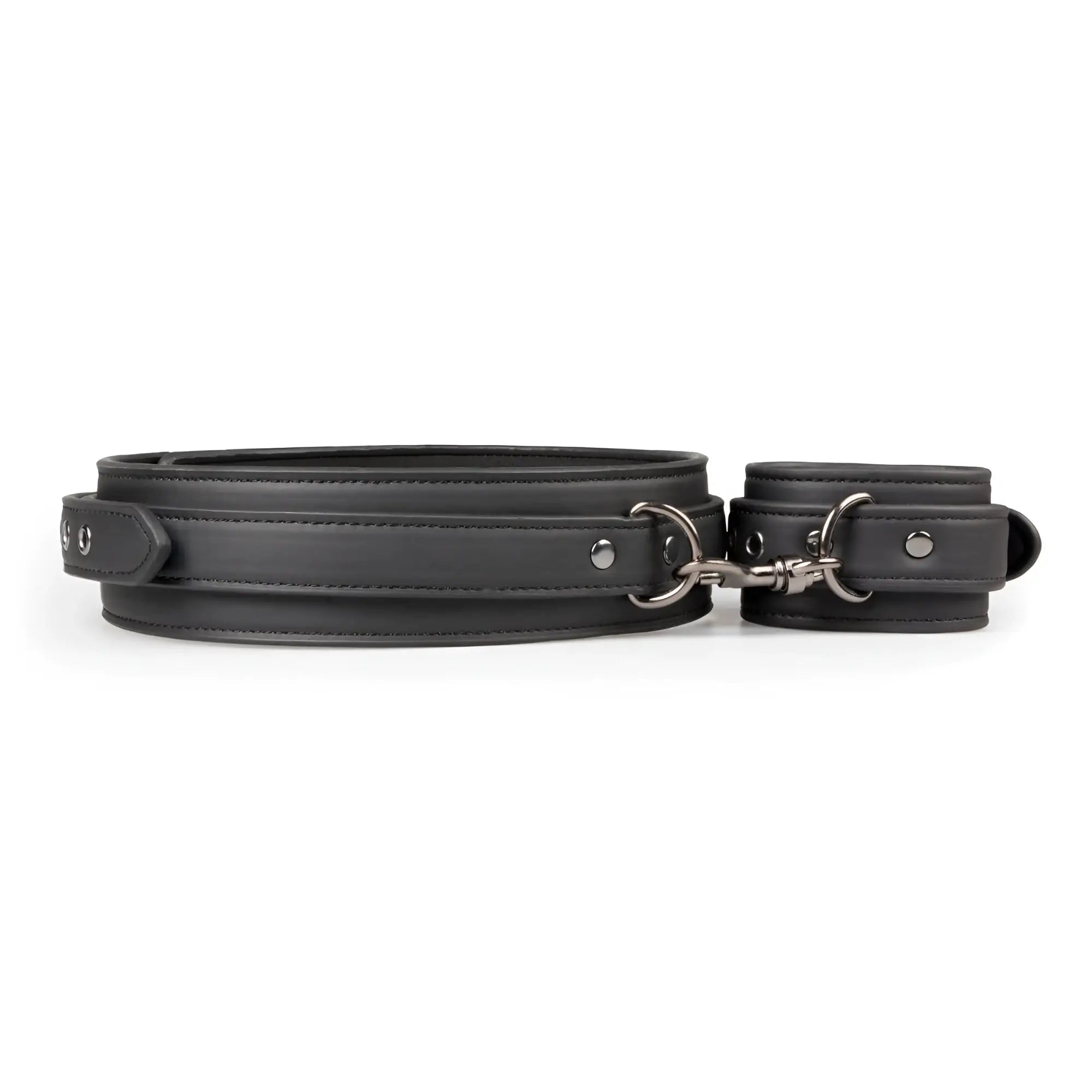 Fetish collection black leather thigh and wrist cuff set with silver toned metal hardware for restraint play