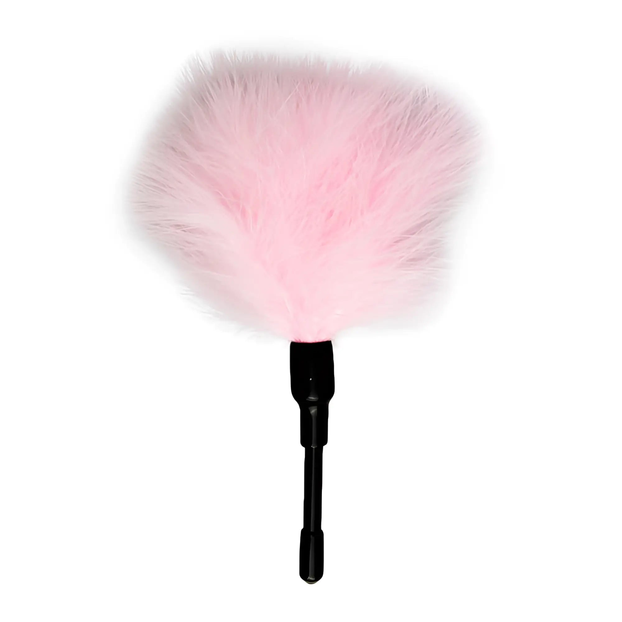 Pink feather duster tickler from fetish collection with black handle small size for sensory play and teasing