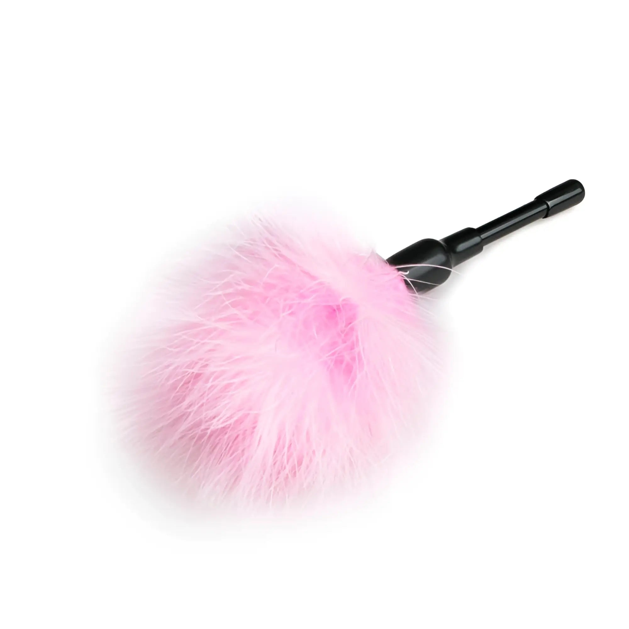 Pink feather duster tickler with black handle from fetish collection small for light sensory play