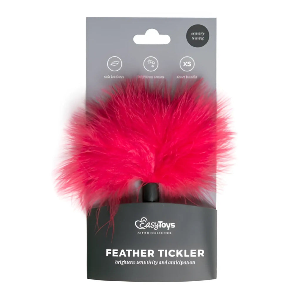 Bright pink fluffy feather tickler in black easytoys package from fetish collection tickler red small
