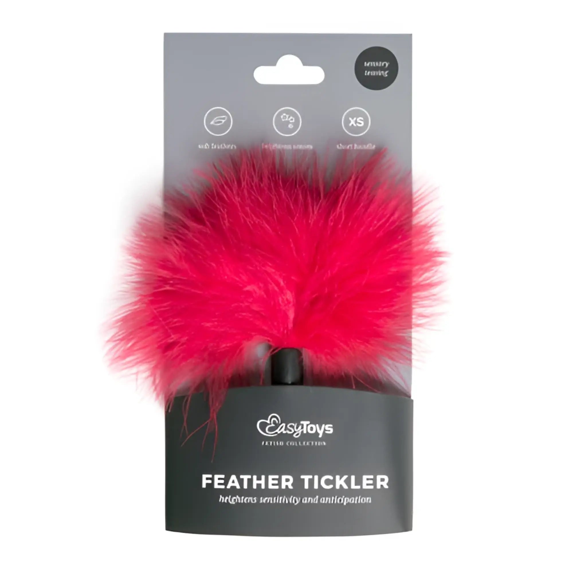 Bright pink fluffy feather tickler in black easytoys package from fetish collection tickler red small