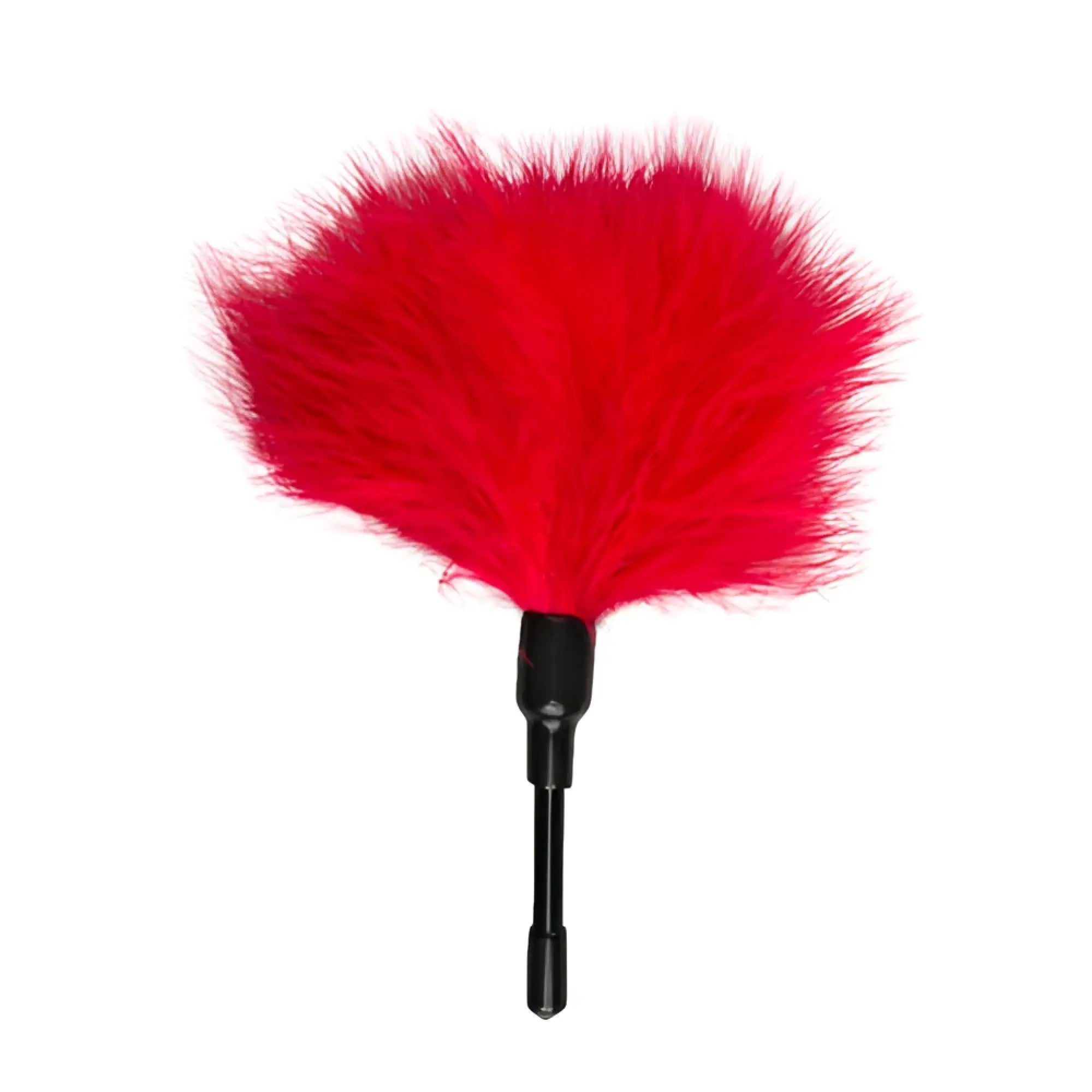 A vibrant red feather duster tickler with a sleek black handle from the fetish collection for sensual play