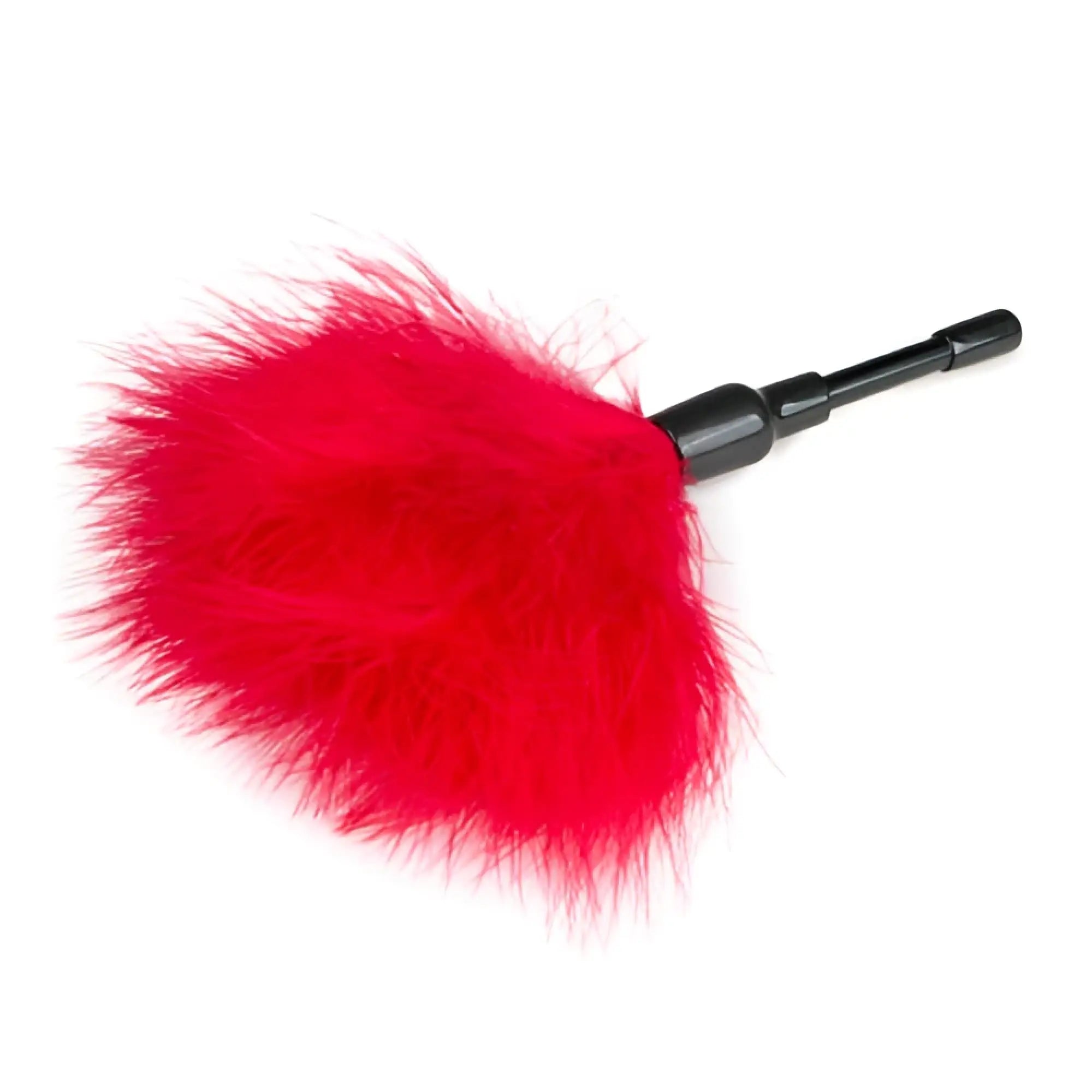 A vibrant red feather duster small tickler from the fetish collection with a sleek black handle for sensory play