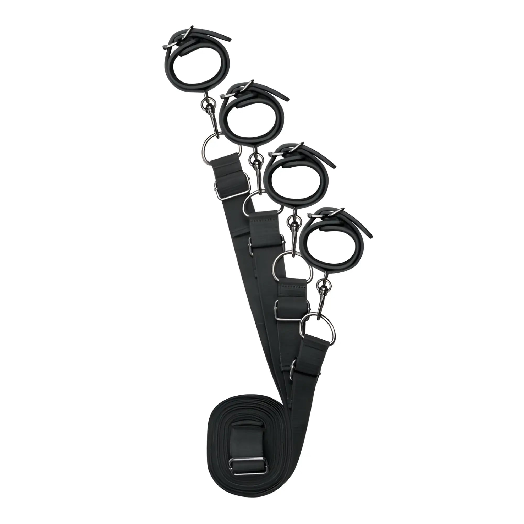 Black leather bondage set with four adjustable cuffs and metal hardware from the fetish collection under mattress restraint set