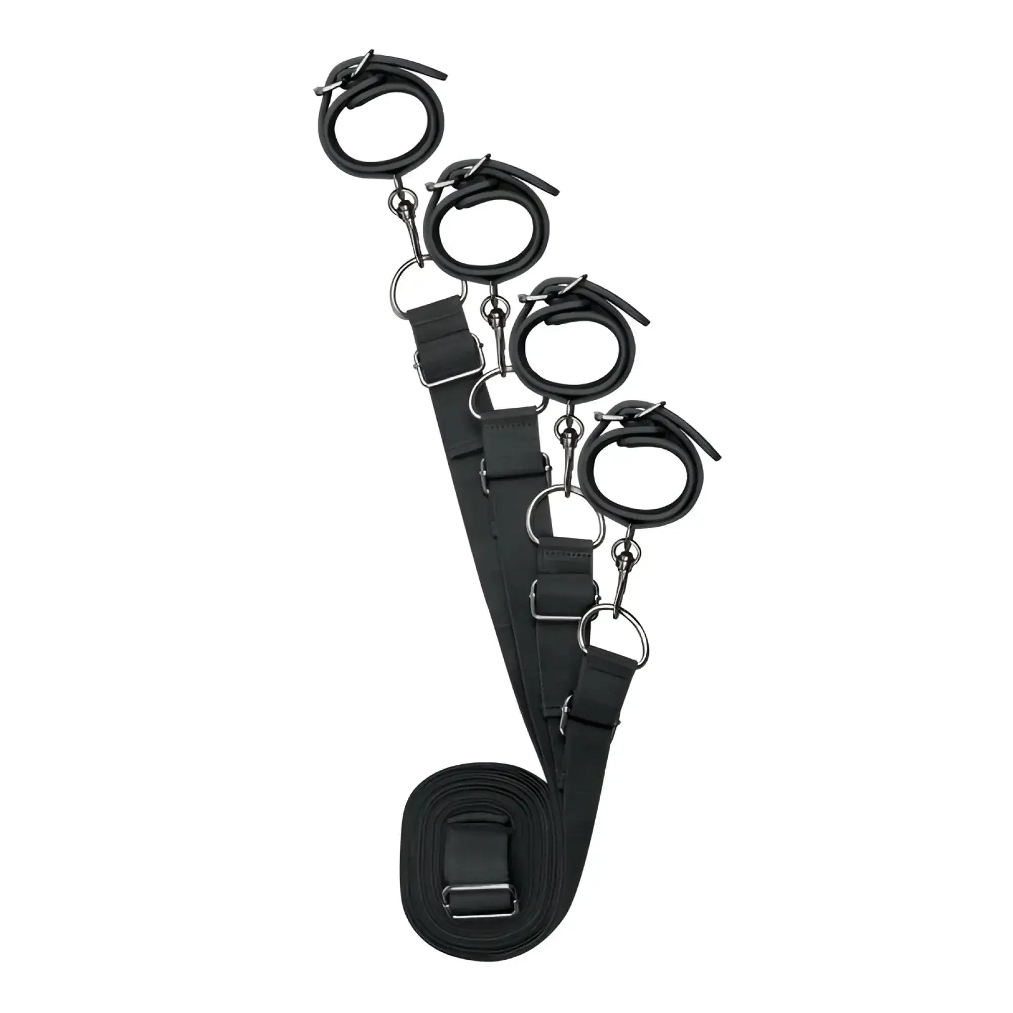 Black leather bondage set with four adjustable cuffs and metal hardware from the fetish collection.