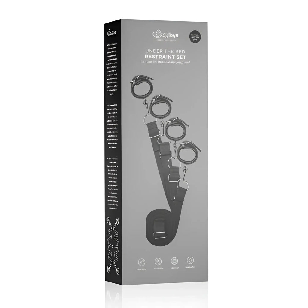 Gray and black easytoys under mattress restraint set in retail packaging for secure fetish collection play