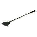 Black leather wide crop whip with a sleek curved head and braided handle from Fetish Collection in black